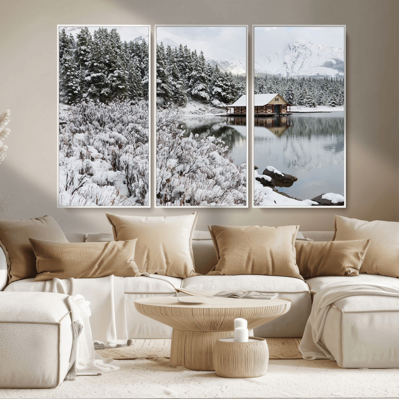 MGV-FC-48X32-3P - Winter Wall Art - Cabin by the Lake Canvas Wall Art - Serene Snowy Landscape with Mountain View,