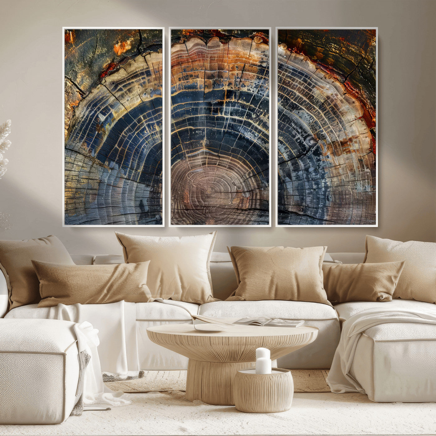 MGV-FC-48X32-3P - Framed Tree Ring Wall Art - Abstract Colorful Tree Ring Wall Decor, Minimalist Home Canvas Art,