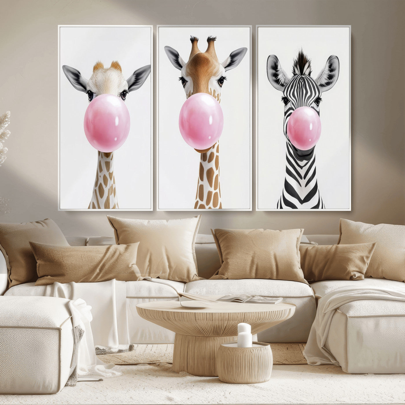 MGV-FC-48X32-3P - Bubblegum Animals Canvas Wall Art - Playful Giraffe and Zebra Trio, Fun Nursery Decor for Kids'