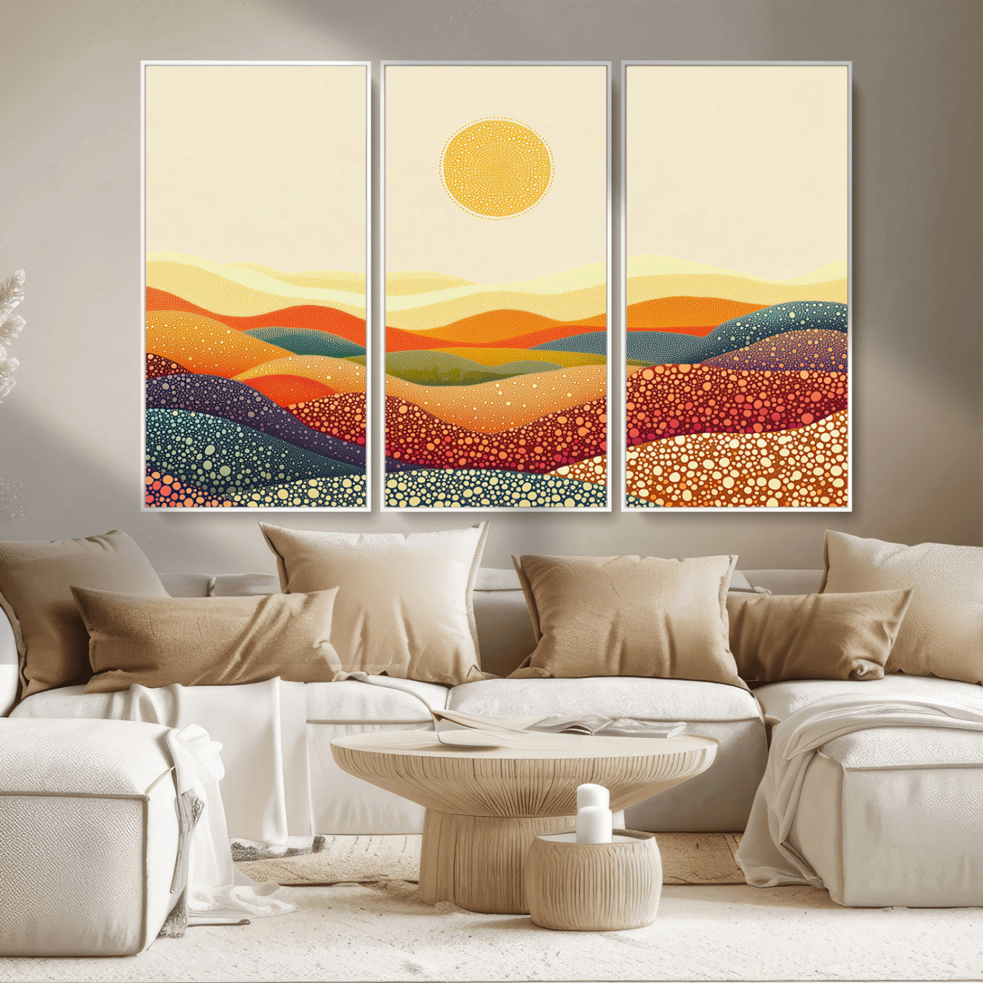MGV-FC-48X32-3P - YAYOI KUSAMA Colorful Dot Art Landscape Canvas - Framed Abstract Pointillism Inspired by Nature with