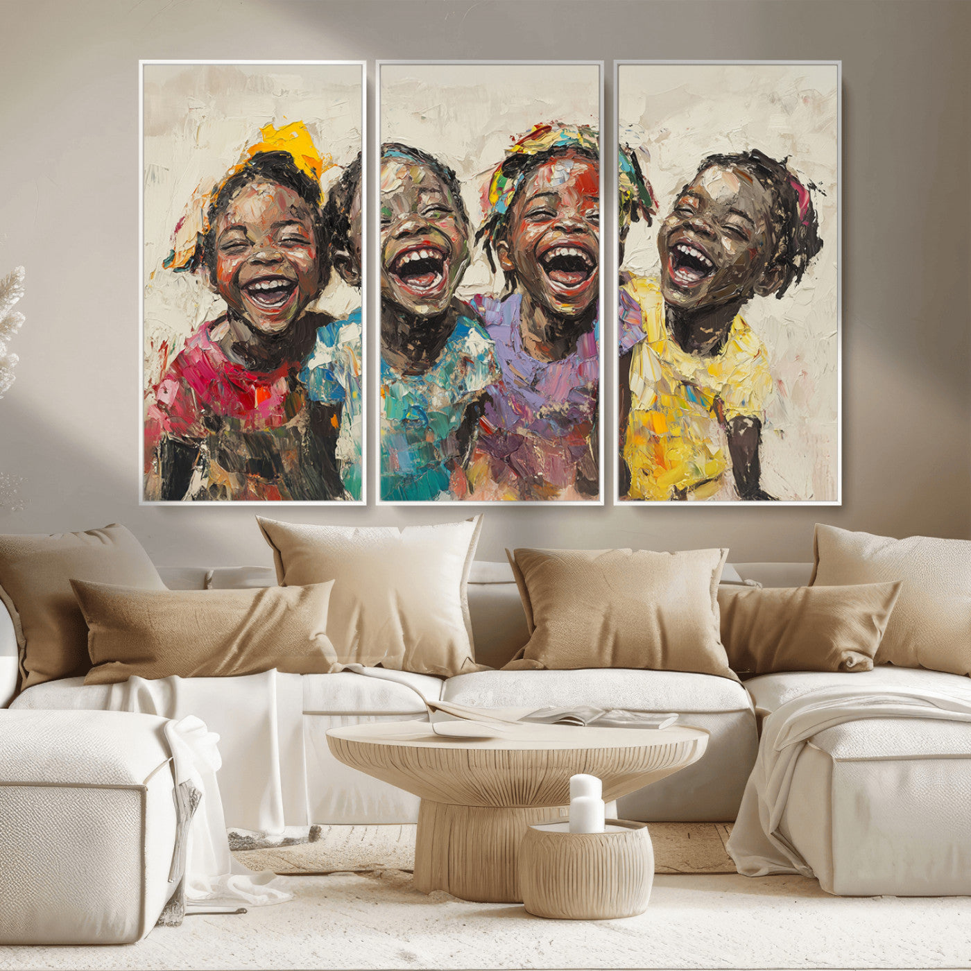 MGV-FC-48X32-3P - Shai Yossef style Joyful Childhood Canvas Wall Art - Expressive Impasto Painting of Black Children