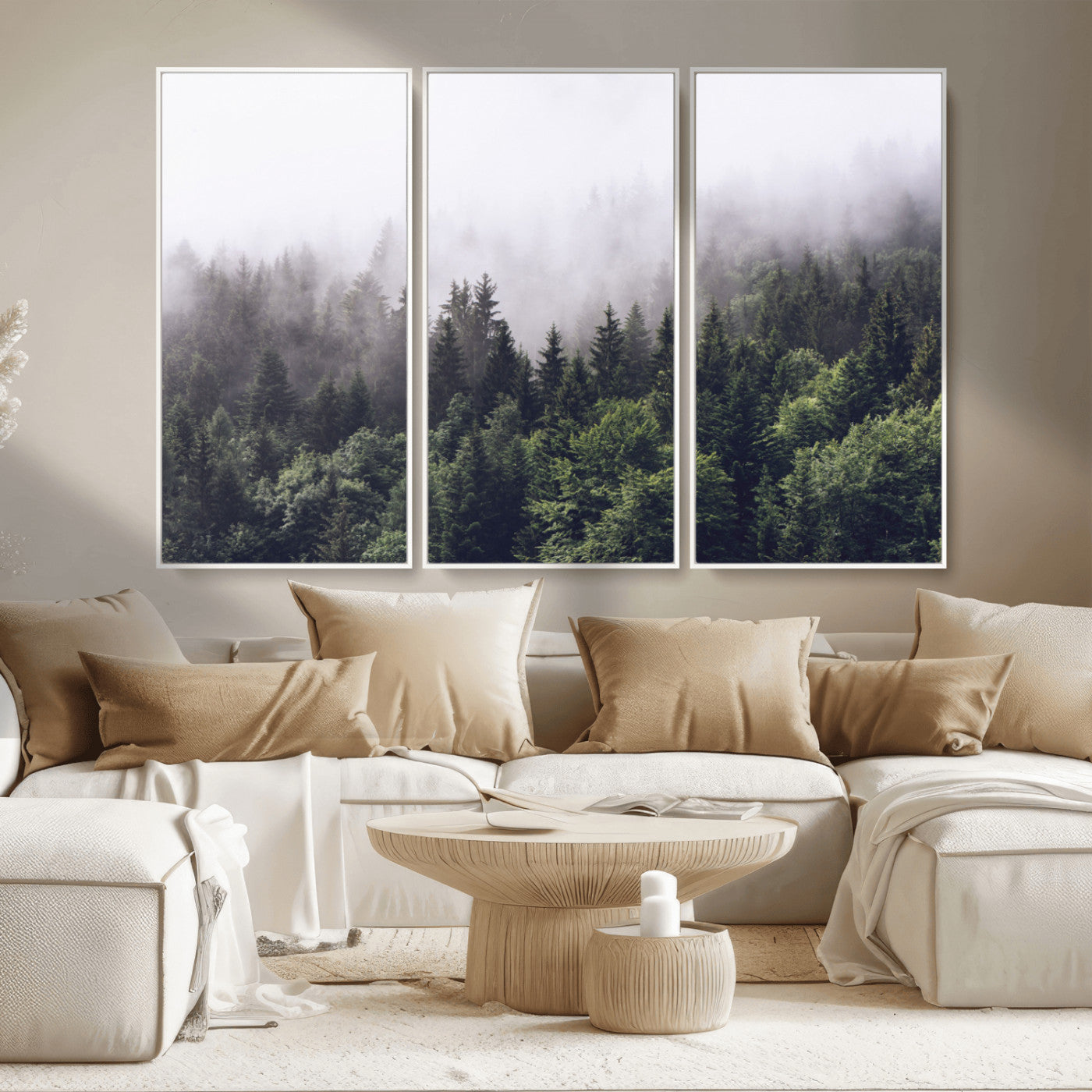 MGV-FC-48X32-3P - Misty Forest Wall Art | Foggy Forest Canvas Print | Large Nature-Inspired Misty Tree Landscape for