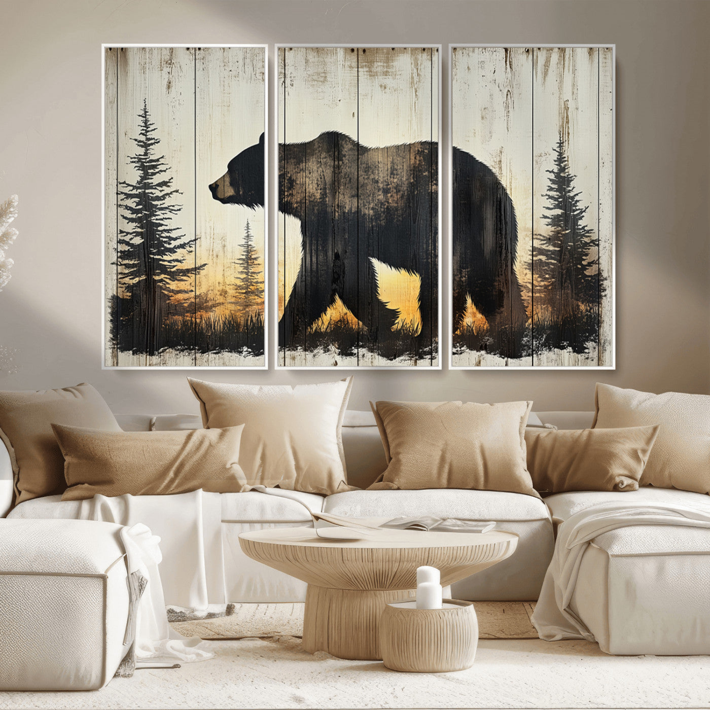 83875-MGV-CV-36X24-Vintage Bear Wall Art Canvas Print for Farmhouse - Mountain Wood Canvas Wall Art - Forest Silhouette