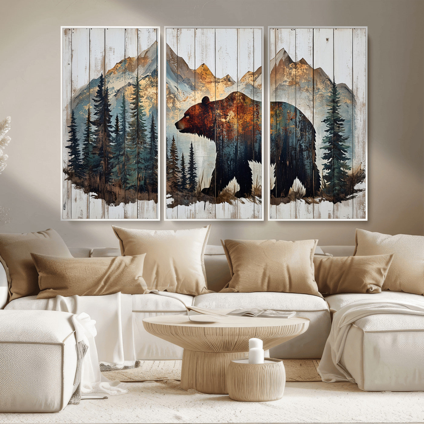 55777-MGV-CV-36X24-Rustic Grizzly 399 Bear and Mountain Wood Canvas Wall Art - Framed Nature Artwork with Forest