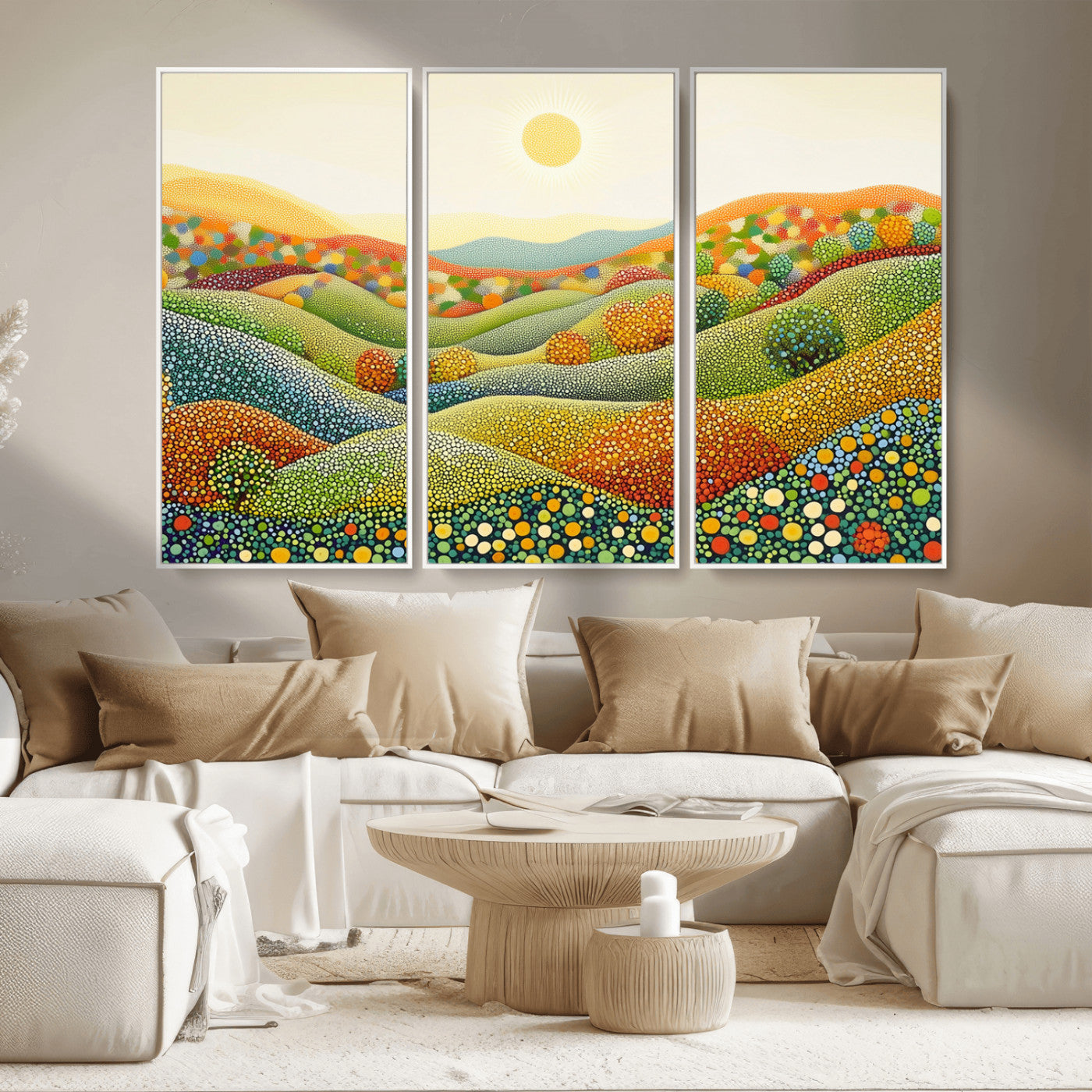 MGV-FC-48X32-3P - YAYOI KUSAMA Colorful Dot Art Landscape Canvas - Framed Abstract Pointillism Inspired by Nature with