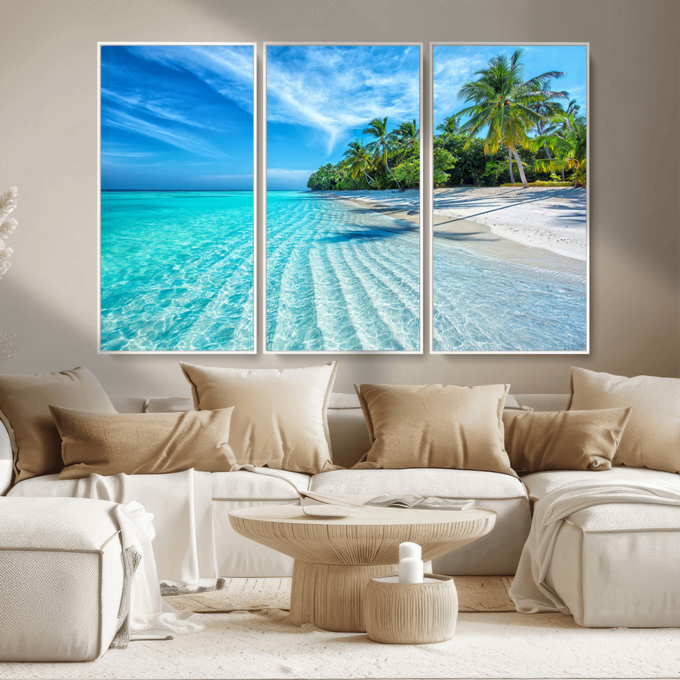 MGV-FC-48X32-3P - Tropical Beach Wall Art Canvas Print - Serene Ocean Landscape with Crystal Clear Turquoise Water and