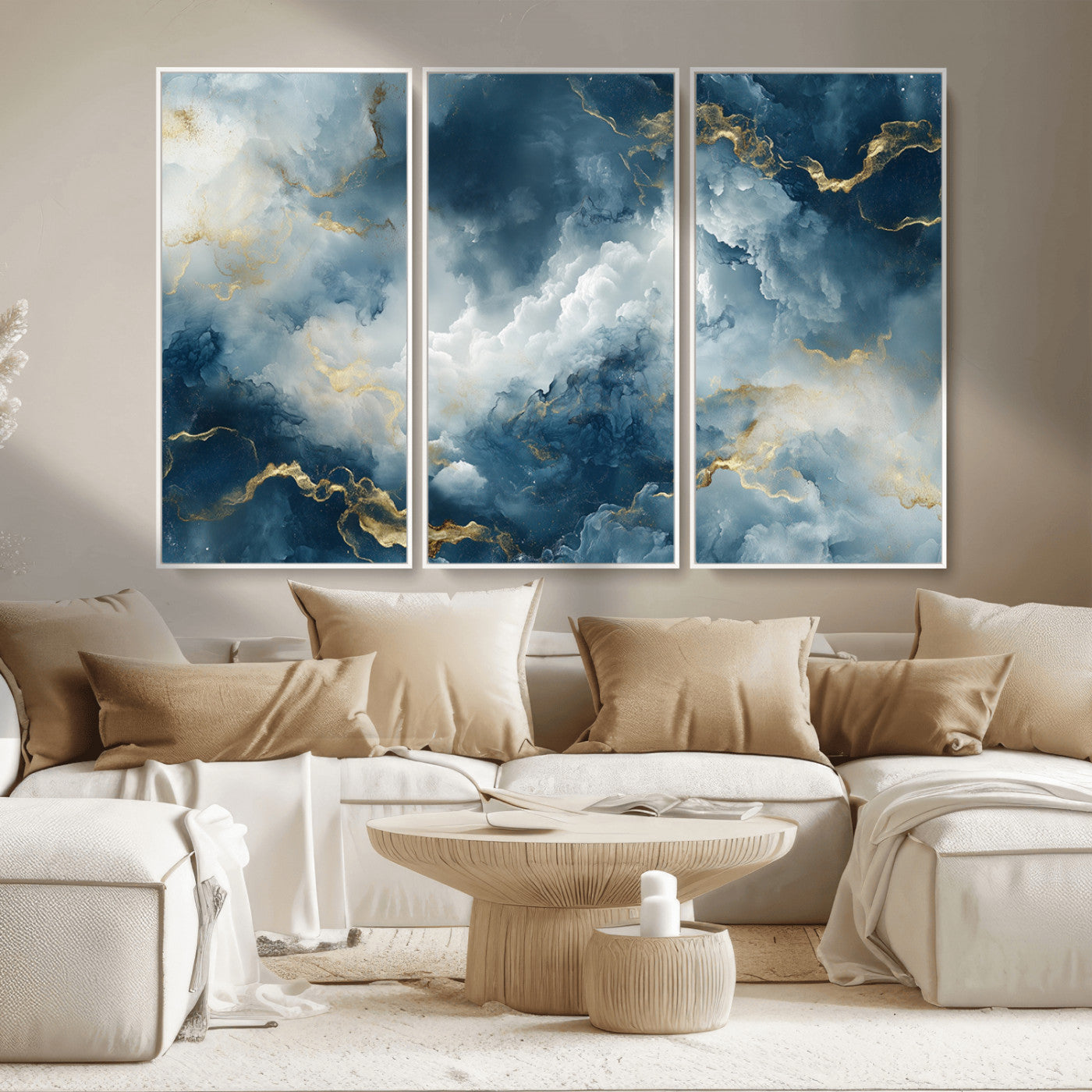 MGV-FC-48X32-3P - Large Abstract Print - Luxe Blue and Gold Abstract Canvas Wall Art - Bold Cloudscape Canvas for