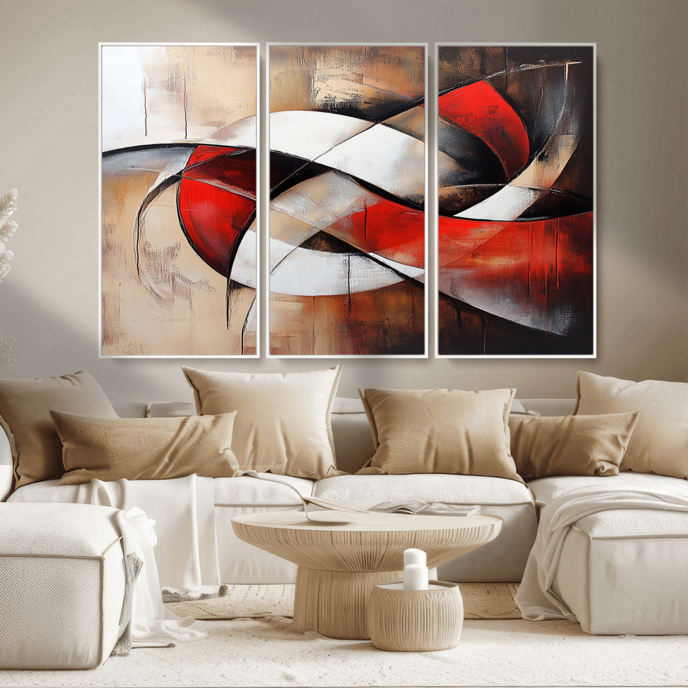 MGV-FC-48X32-3P - Abstract Wall Art - Modern Red and White Canvas Wall Art Print - Bold Geometric Abstract Canvas for