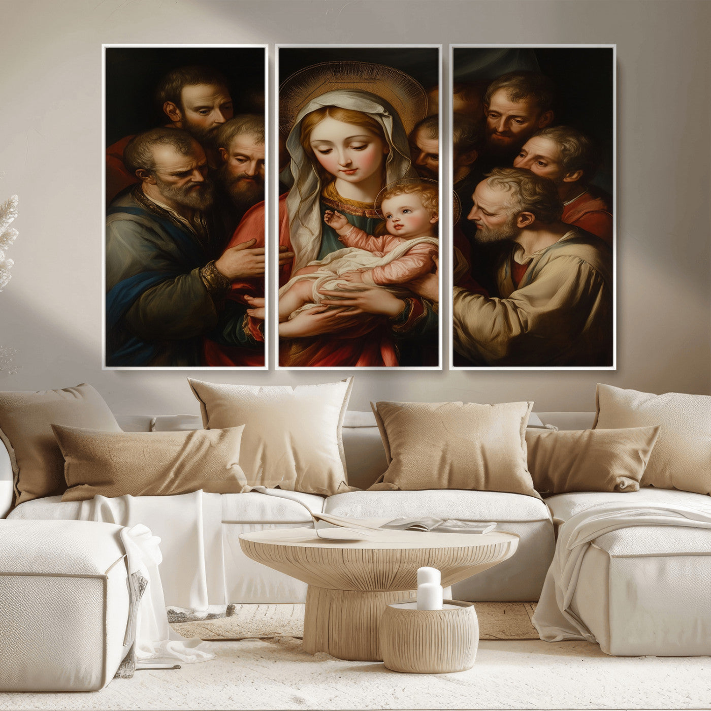 MGV-FC-48X32-3P - Religious Canvas Wall Art Print - Madonna and Child with Apostles Art Print - Classic Christian