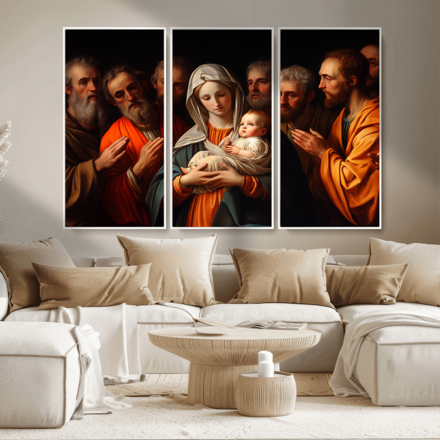 MGV-FC-48X32-3P - Religious Canvas Wall Art Print - Madonna and Child with Apostles Art Print - Classic Christian