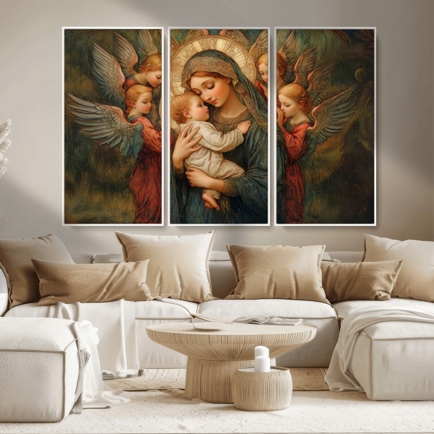 MGV-FC-48X32-3P - Mary Jesus Canvas Wall Art Print - Madonna and Child with Angels Art Print - Classic Christian