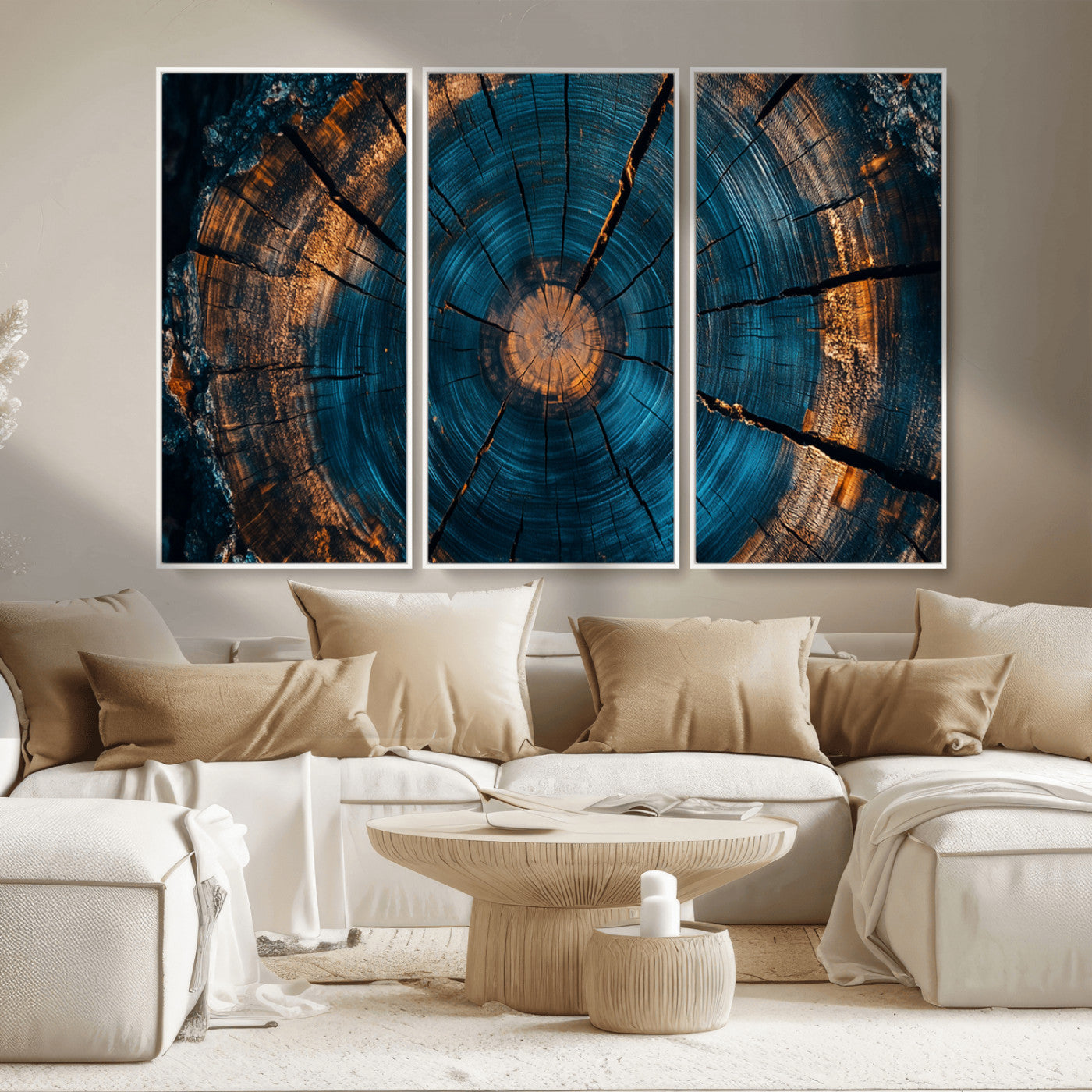 MGV-FC-48X32-3P - Farmhouse Wall Art - Abstract Tree Rings Canvas Wall Art Print, Framed Wood Grain Rings Artwork