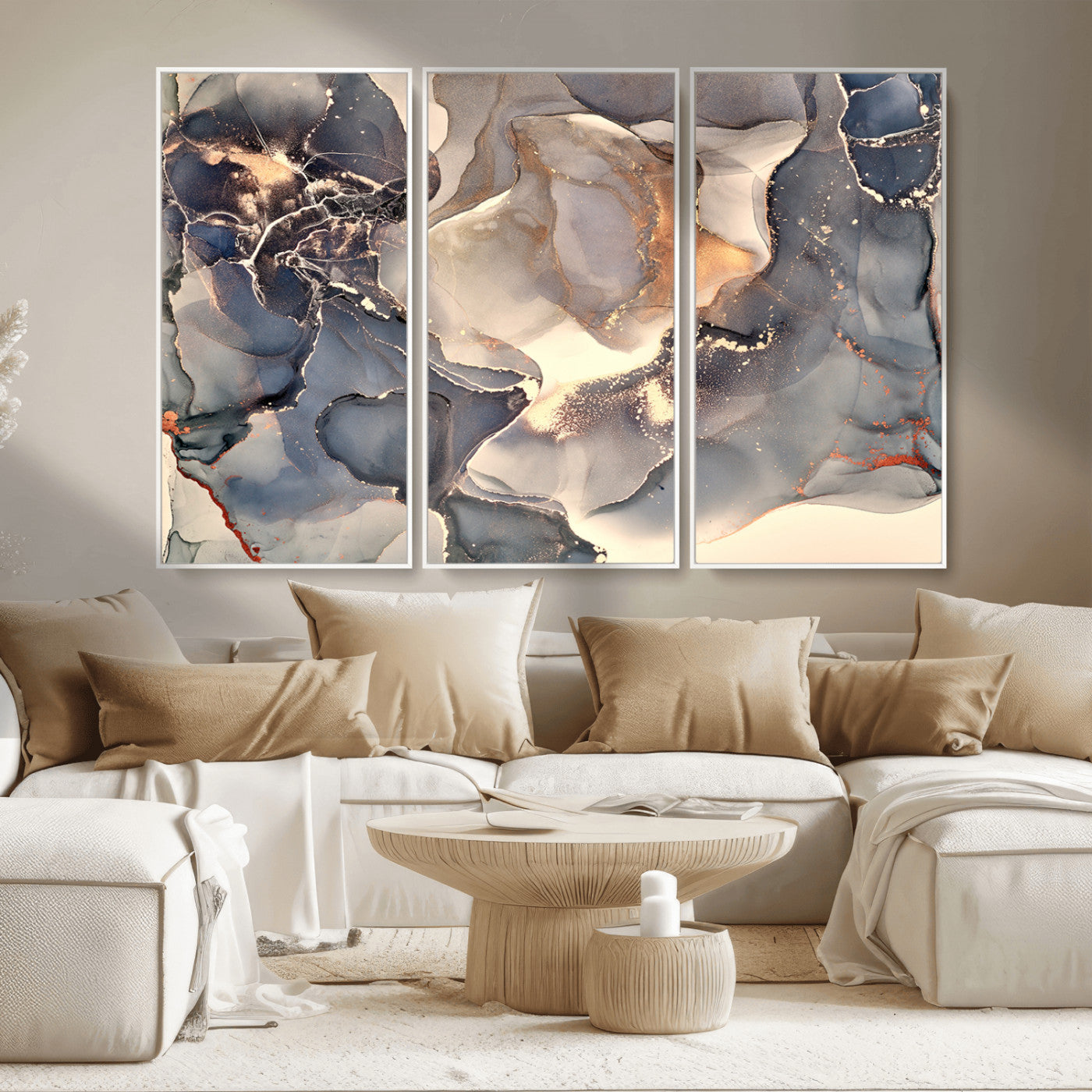 MGV-FC-48X32-3P - Abstract Blue and Gold Wall Art - Fluid Ink Artwork - Modern Luxury Wall Decor for Contemporary