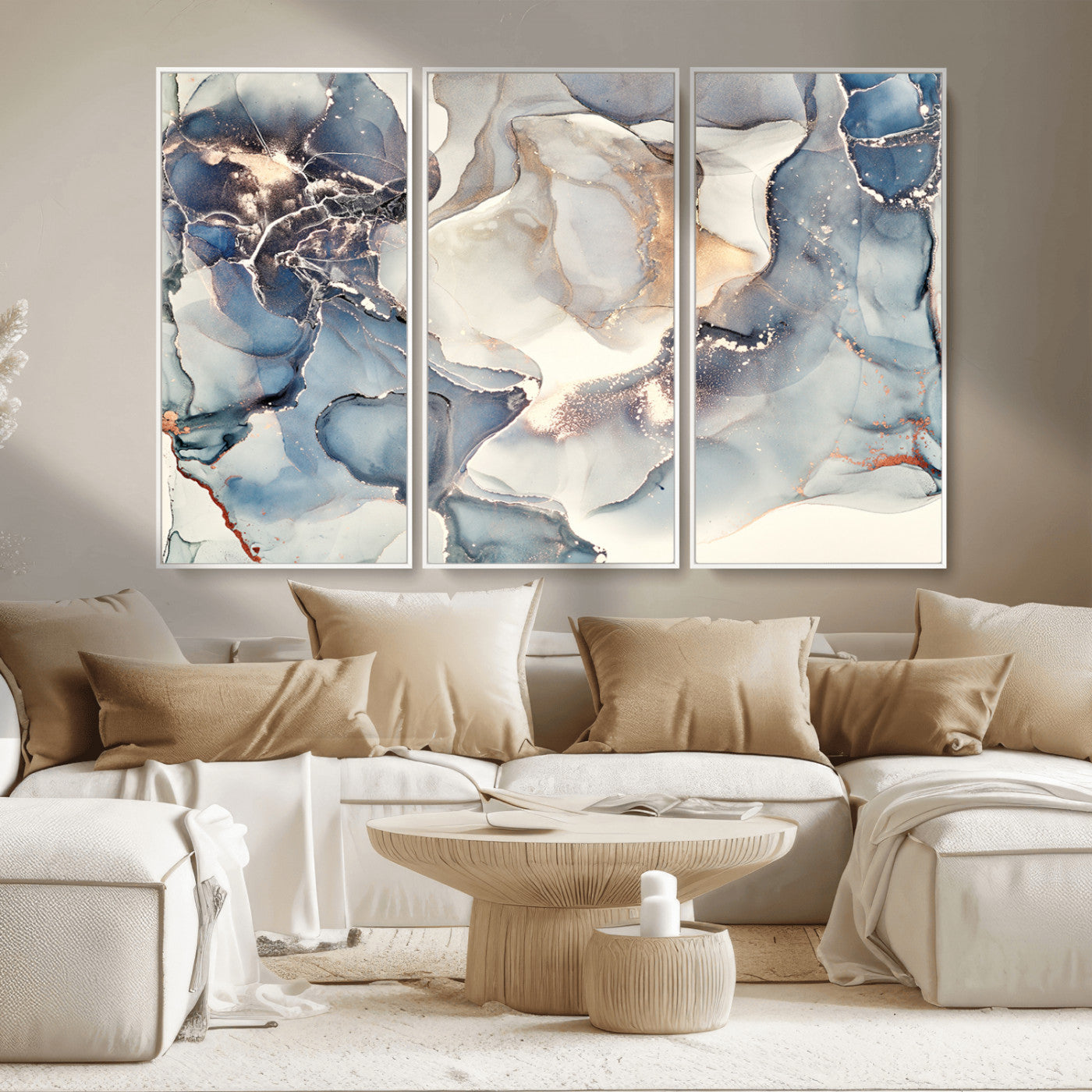 MGV-FC-48X32-3P - Abstract Blue and Gold Canvas Wall Art - Fluid Modern Ink Artwork - Modern Luxury Wall Decor for
