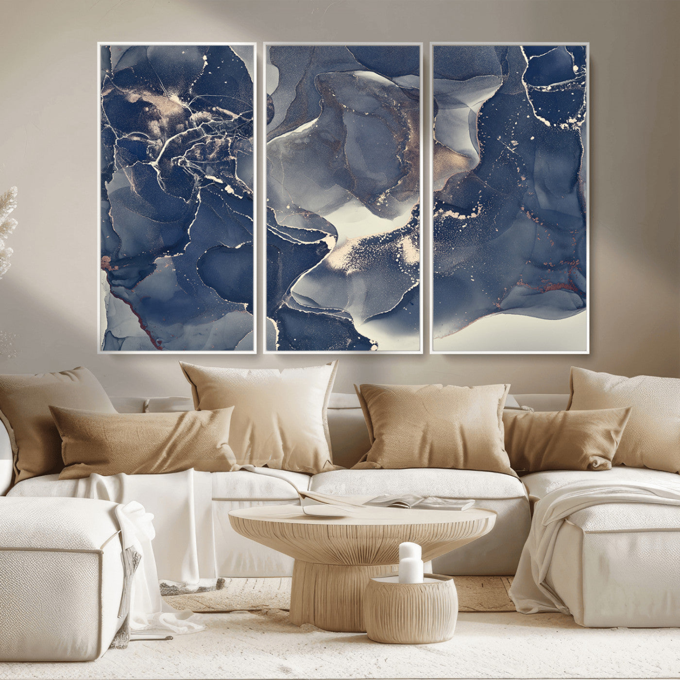 MGV-FC-48X32-3P - Large Abstract Blue and Gold Canvas Wall Art | Fluid Ink Artwork Print | Luxury Wall Decor for