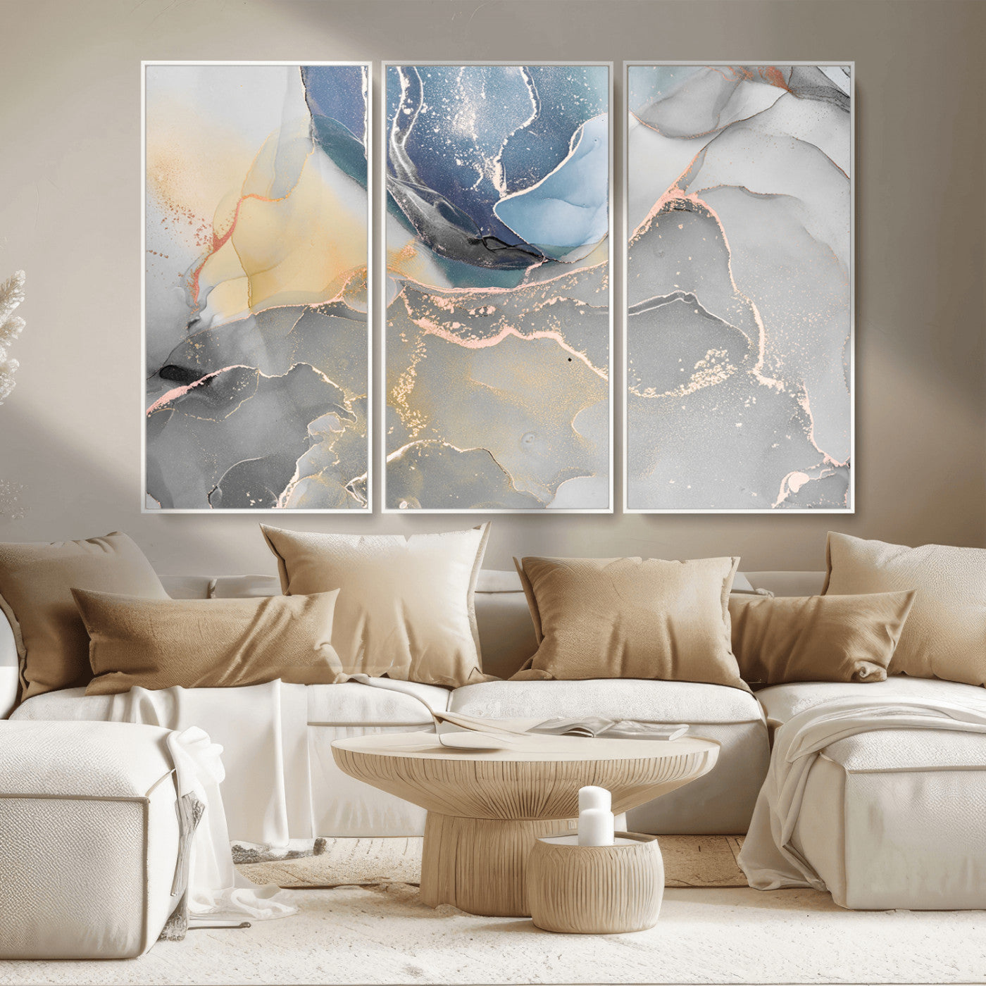 MGV-FC-48X32-3P - Large Abstract Blue and Gold Canvas Wall Art | Fluid Ink Artwork Print | Luxury Wall Decor for