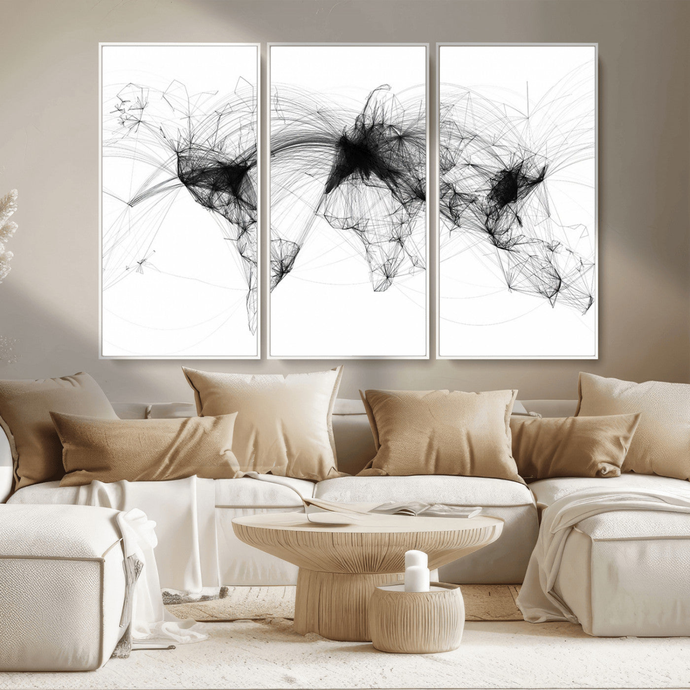 A minimalist abstract world map created from interconnected black lines representing global connectivity and communication networks.