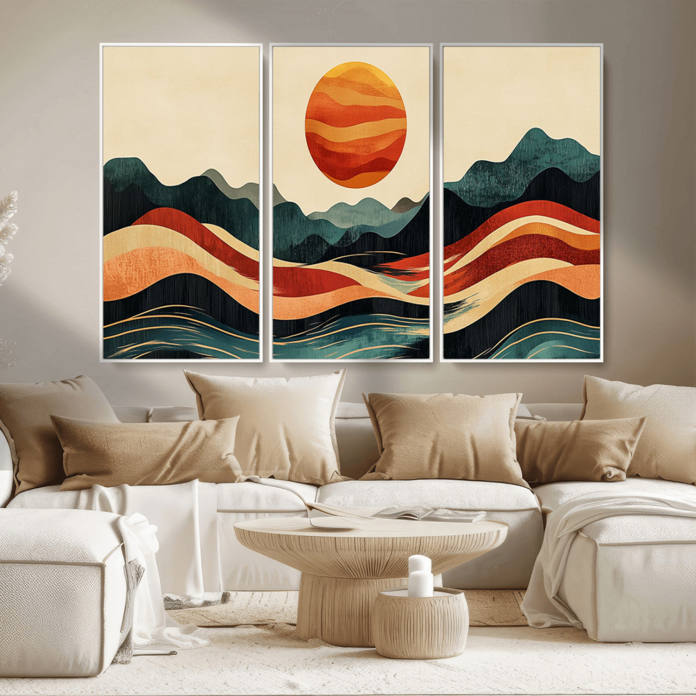 MGV-FC-48X32-3P - Mountain Triptych Wall Art - Western Nature Prints - Framed Boho Pine Tree Canvas for Log Cabin or