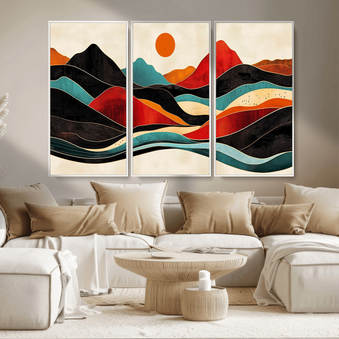 MGV-FC-48X32-3P - Western Wall Decor - Large Triptych Mountain Canvas - Boho Woodland Wall Art Print - Framed