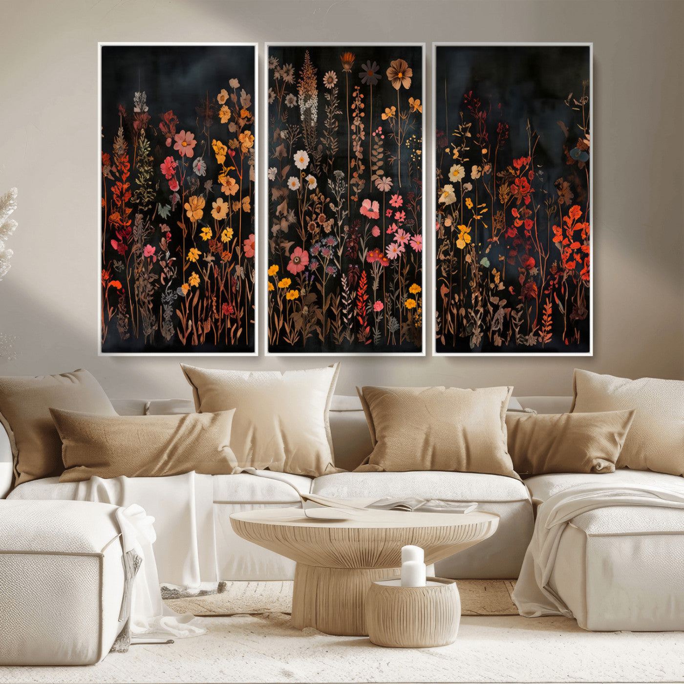 MGV-FC-48X32-3P - Dark Floral Canvas Wall Art - Moody Botanical Flower Print - Rustic Floral Wall Decor for Home -