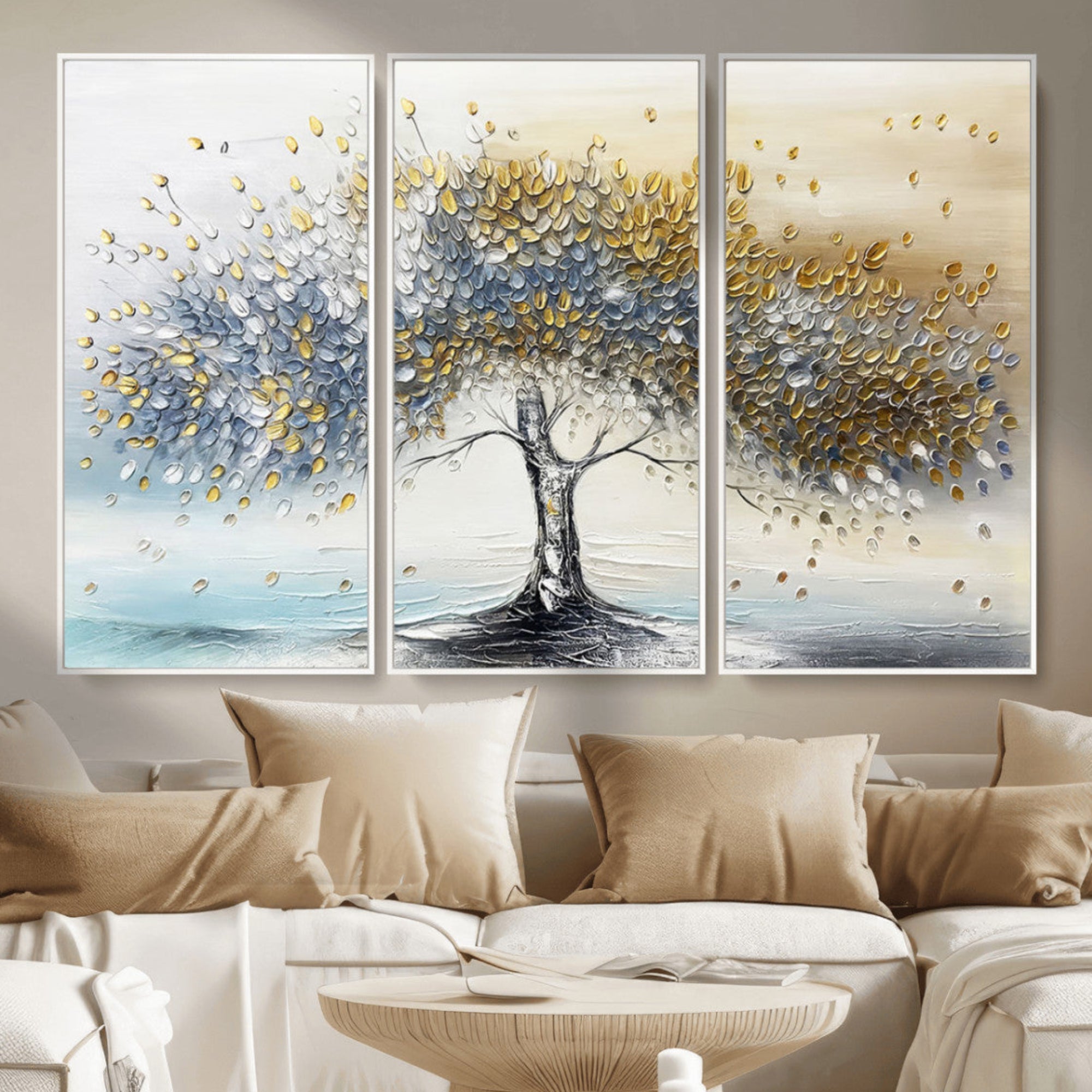 An elegant impasto painting featuring a tree with shimmering silver and gold leaves, blending soft pastels to create a calm and sophisticated atmosphere.