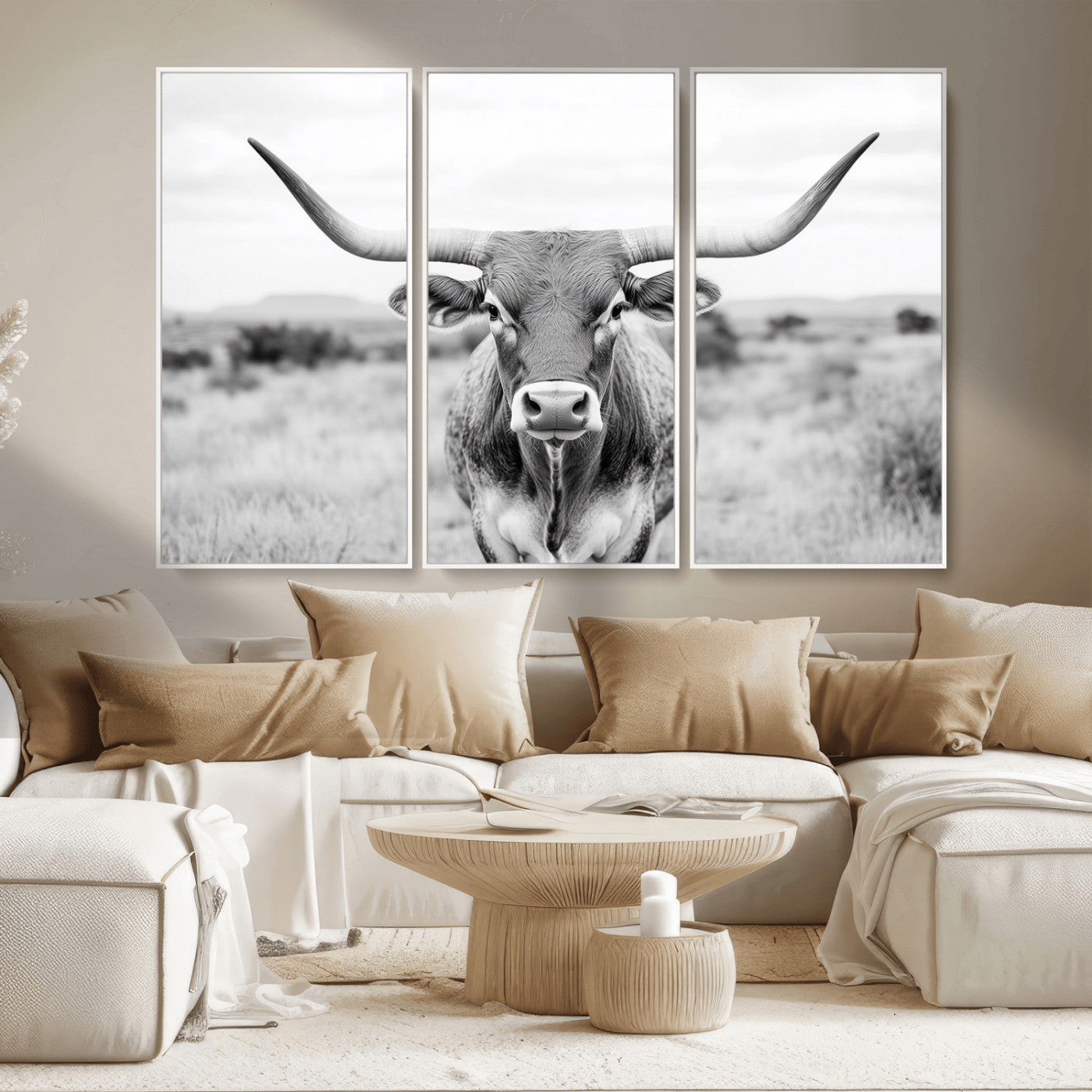 MGV-FC-48X32-3P - Highland Cow Wall Art Print - Black and White Texas Western Longhorn Canvas - Farmhouse Decor Print