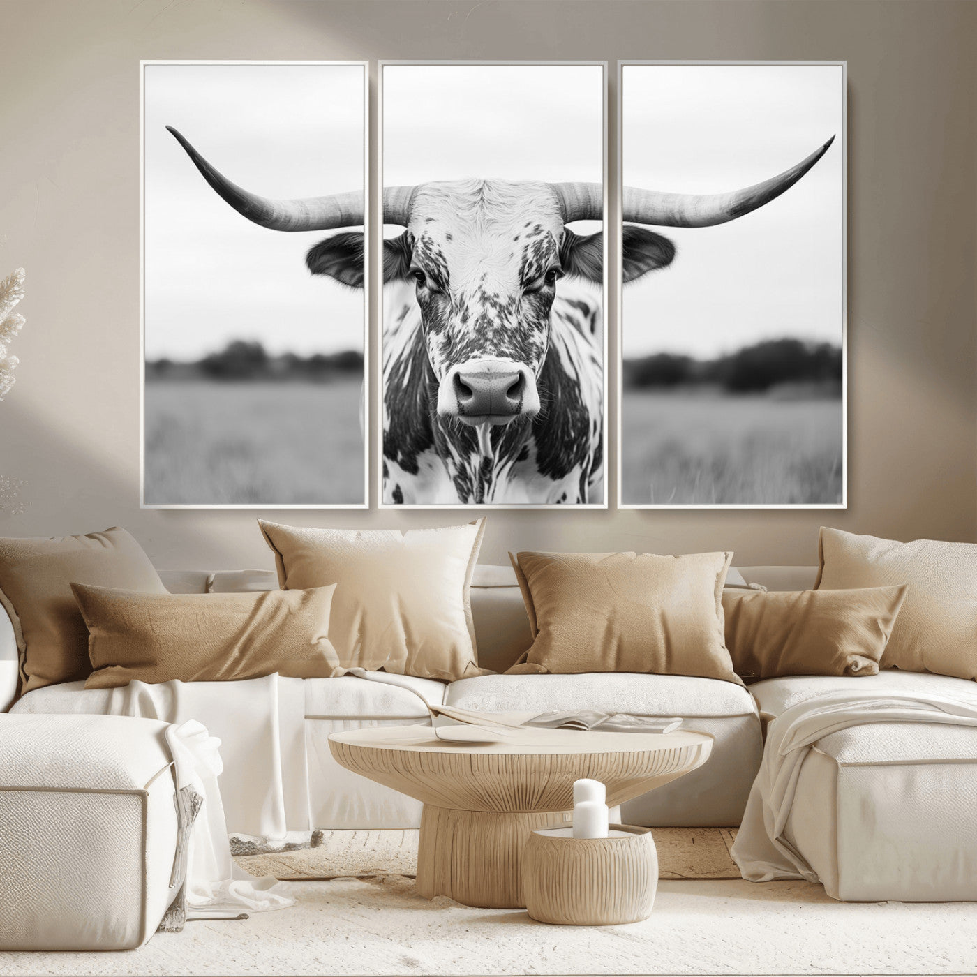 MGV-FC-48X32-3P - Highland Cow Wall Art - Black and White Western Longhorn Canvas Print - Farmhouse Living Room Decor
