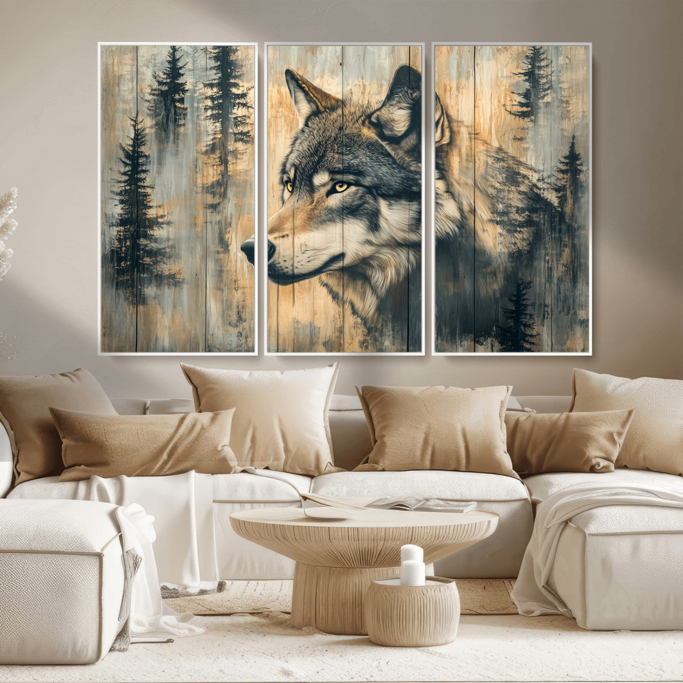 MGV-FC-48X32-3P - Wood Style Rustic Wolf Wall Art Canvas Print, Vintage Woodland Wolf Wall Art, Framed Wood Style Wolf