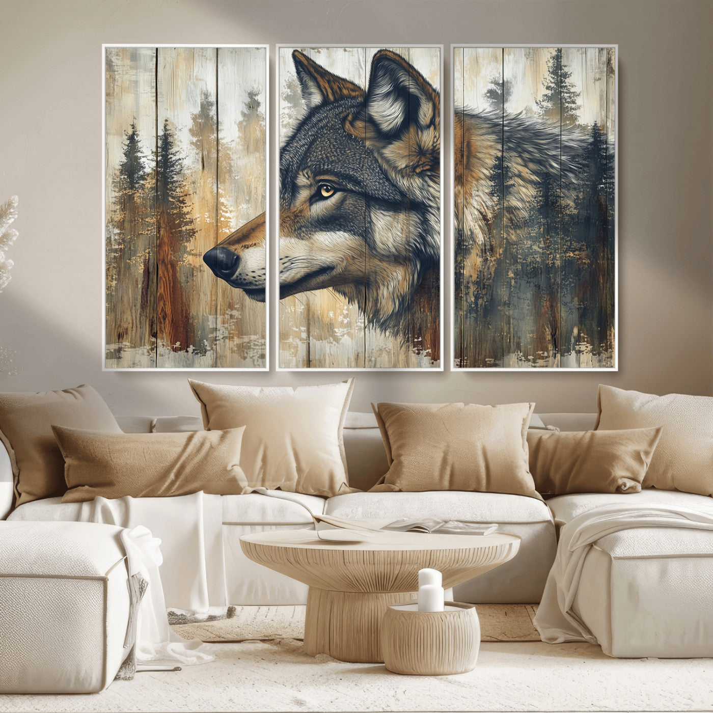 MGV-FC-48X32-3P - Rustic Wolf Wall Art Canvas Print, Vintage Woodland Wolf Wall Art