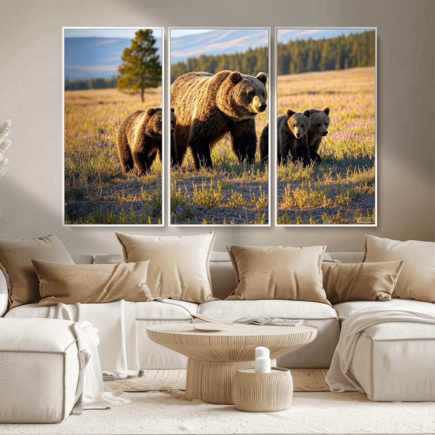 MGV-FC-48X32-3P - Grizzly 399 in Wild Flowers Wall Art Canvas Print, Grizzly Bears Wall Art, Queen of Grand Teton