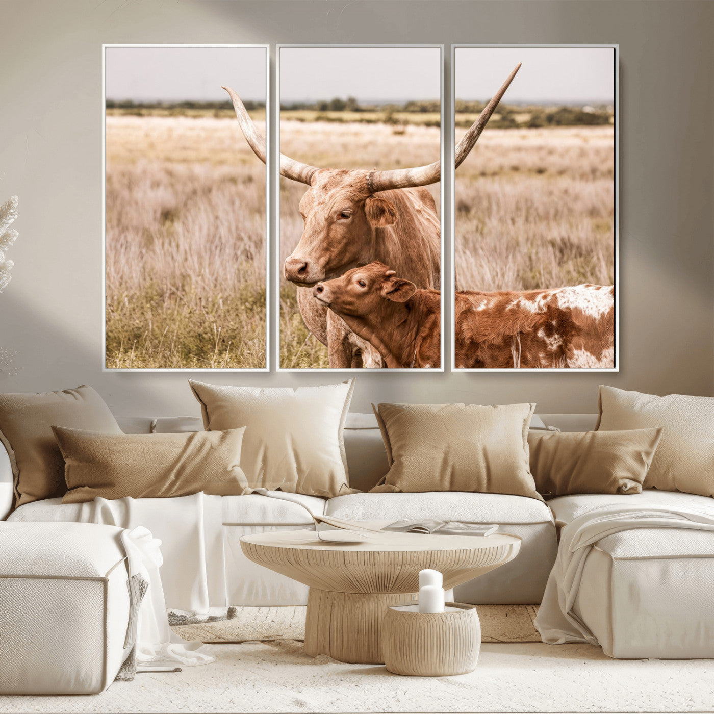 MGV-FC-48X32-3P - Texas Longhorn Cow Wall Art Canvas Print for Farmhouse Wall Art, Texas Decor, Western Wall Art Print