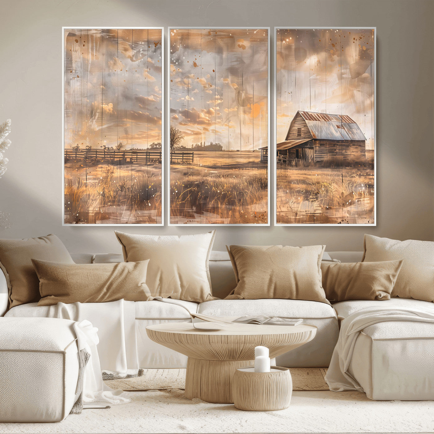 MGV-FC-48X32-3P - Rustic Farmhouse Wall Art Canvas Print | Barn and Field Canvas Print | Vintage Country Landscape