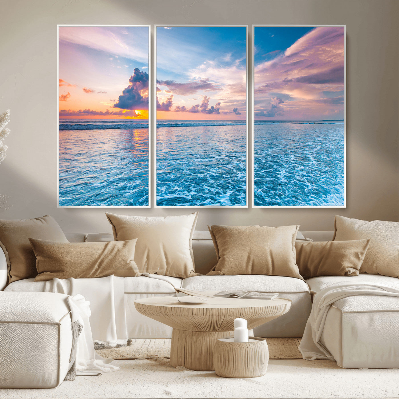 MGV-FC-48X32-3P - Ocean Sunset Canvas Wall Art Print - Tranquil Seascape with Vibrant Sky and Rolling Waves Canvas