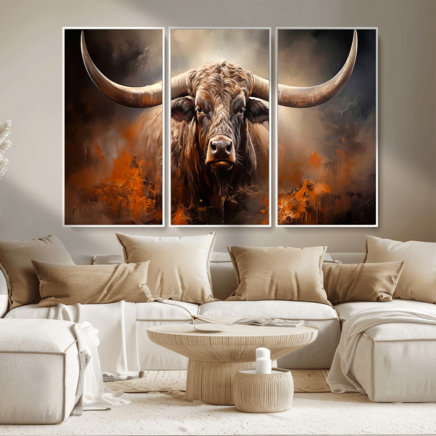 MGV-FC-48X32-3P - Highland Bull Canvas Abstract Canvas Wall Art Print – Powerful Highland Bull with Striking Horns in