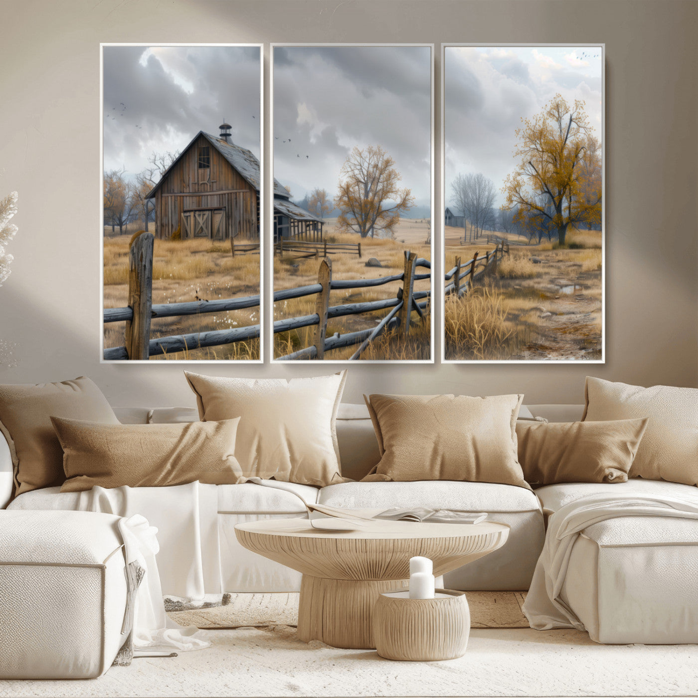 MGV-FC-48X32-3P - Rustic Autumn Farmhouse Wall Art Canvas Print – Serene Countryside Scene with Weathered Barn and