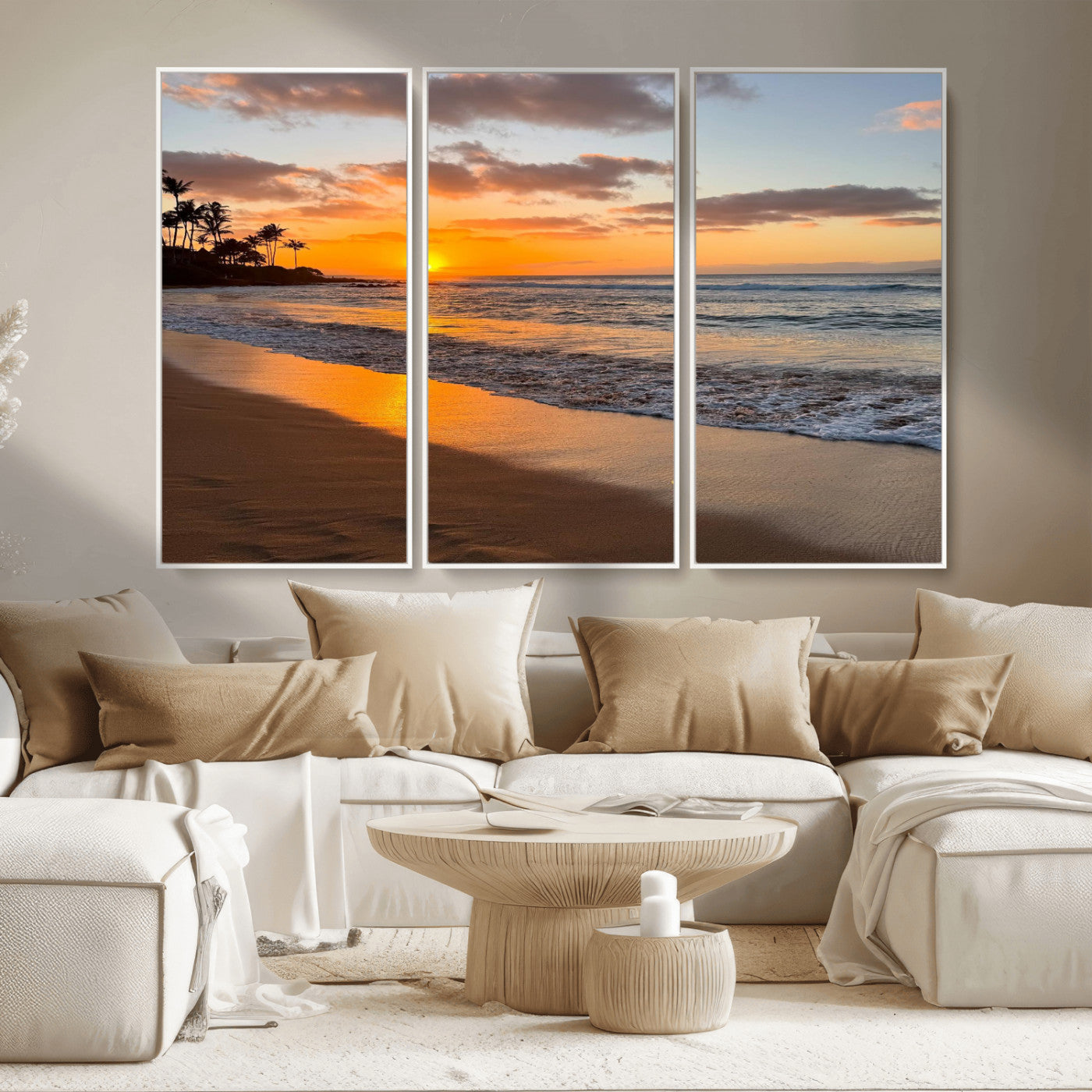MGV-FC-48X32-3P - Sunset Wall Art Print - Stunning Beach Sunset Canvas Artwork for Elegant Home or Office Coastal