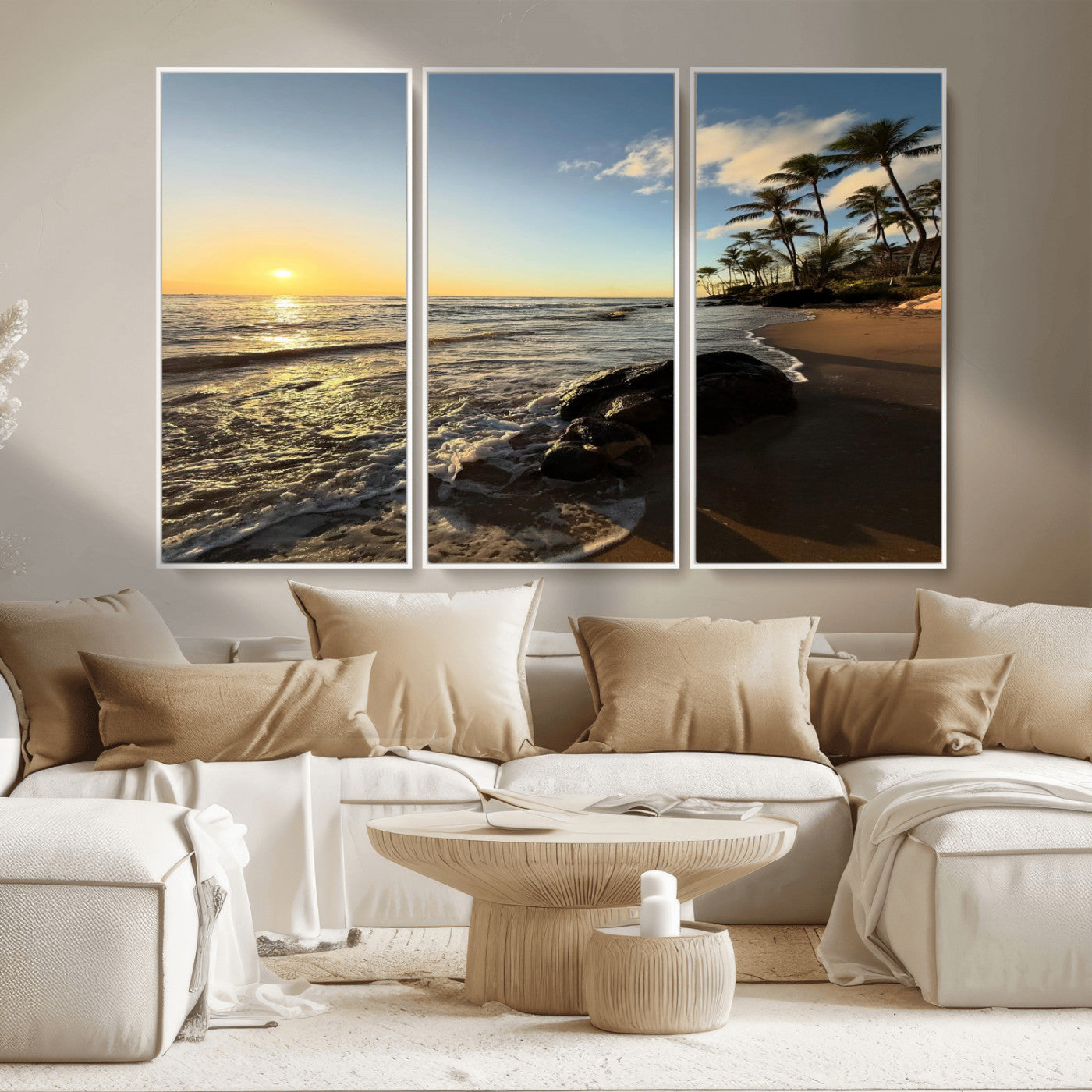 MGV-FC-48X32-3P - Tropical Beach Wall Art - Stunning Ocean Sunset Canvas Print with Palm Tree Design for Relaxing and