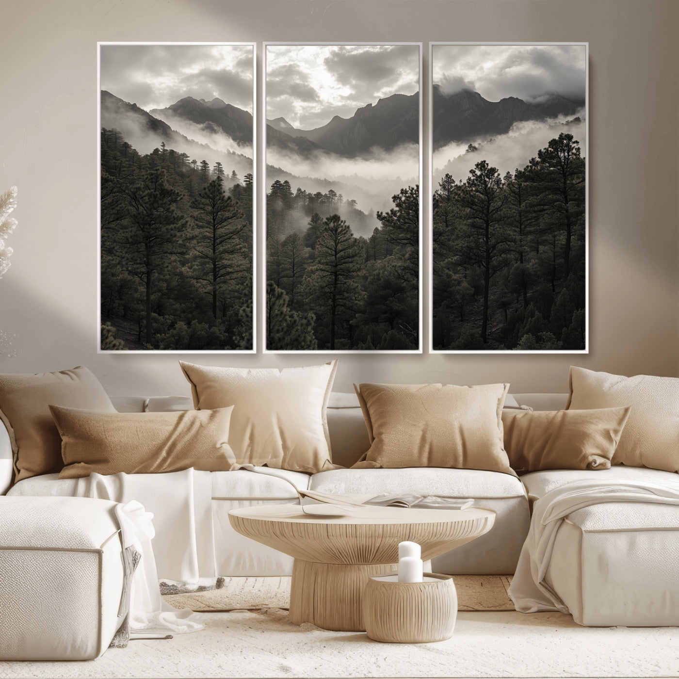 MGV-FC-48X32-3P - Misty Mountain Forest Wall Art – Canvas Print of Cloudy Peaks, Tranquil Pines, Enchanted Landscape, Majestic Nature Decor for Home or Office