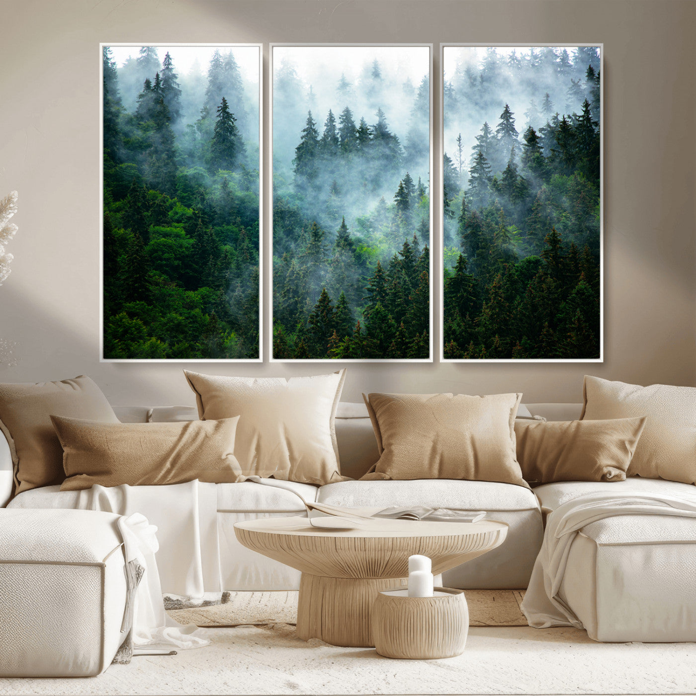 MGV-FC-48X32-3P - Misty Forest Art Wall Art Canvas Print, Framed Foggy Mountain Art Art Picture Print, Scenic Wall