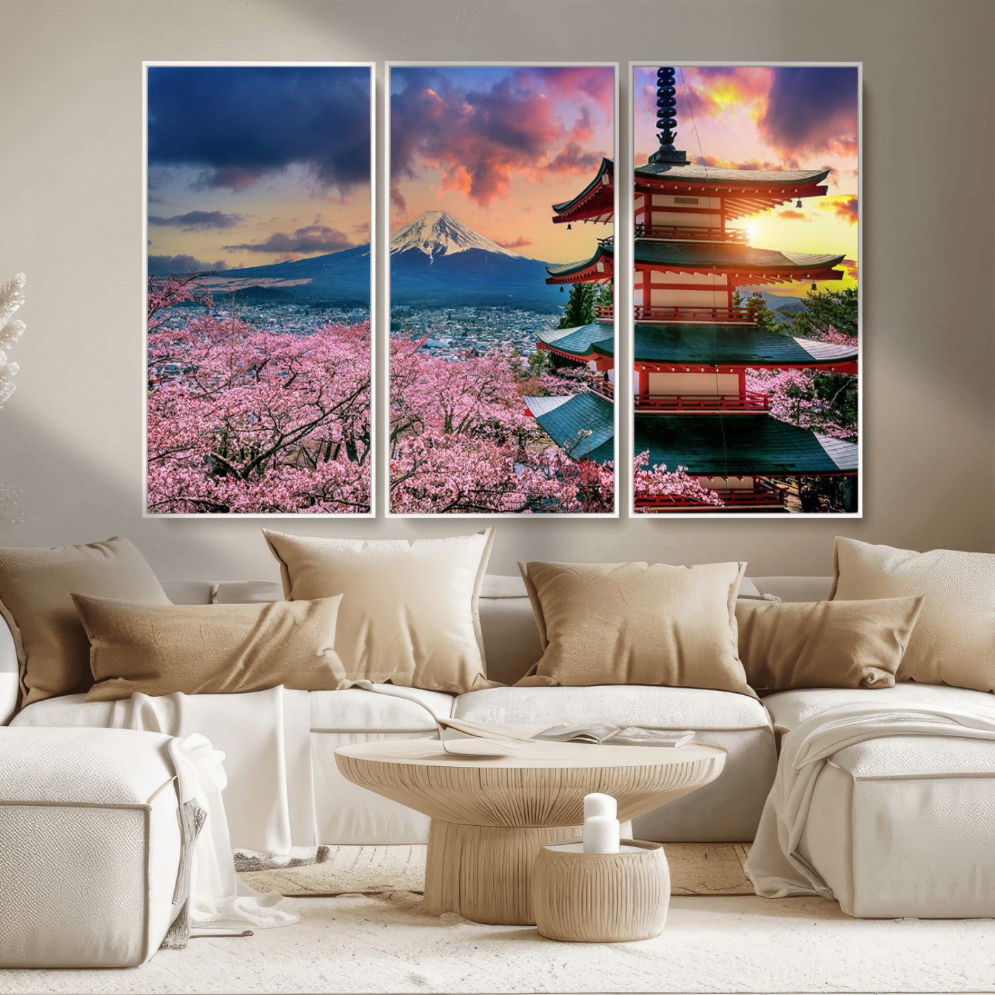 MGV-FC-48X32-3P - Mount Fuji & Cherry Blossom Wall Art Canvas Print – Iconic Japanese Landscape, Sakura Pagoda Sunset,