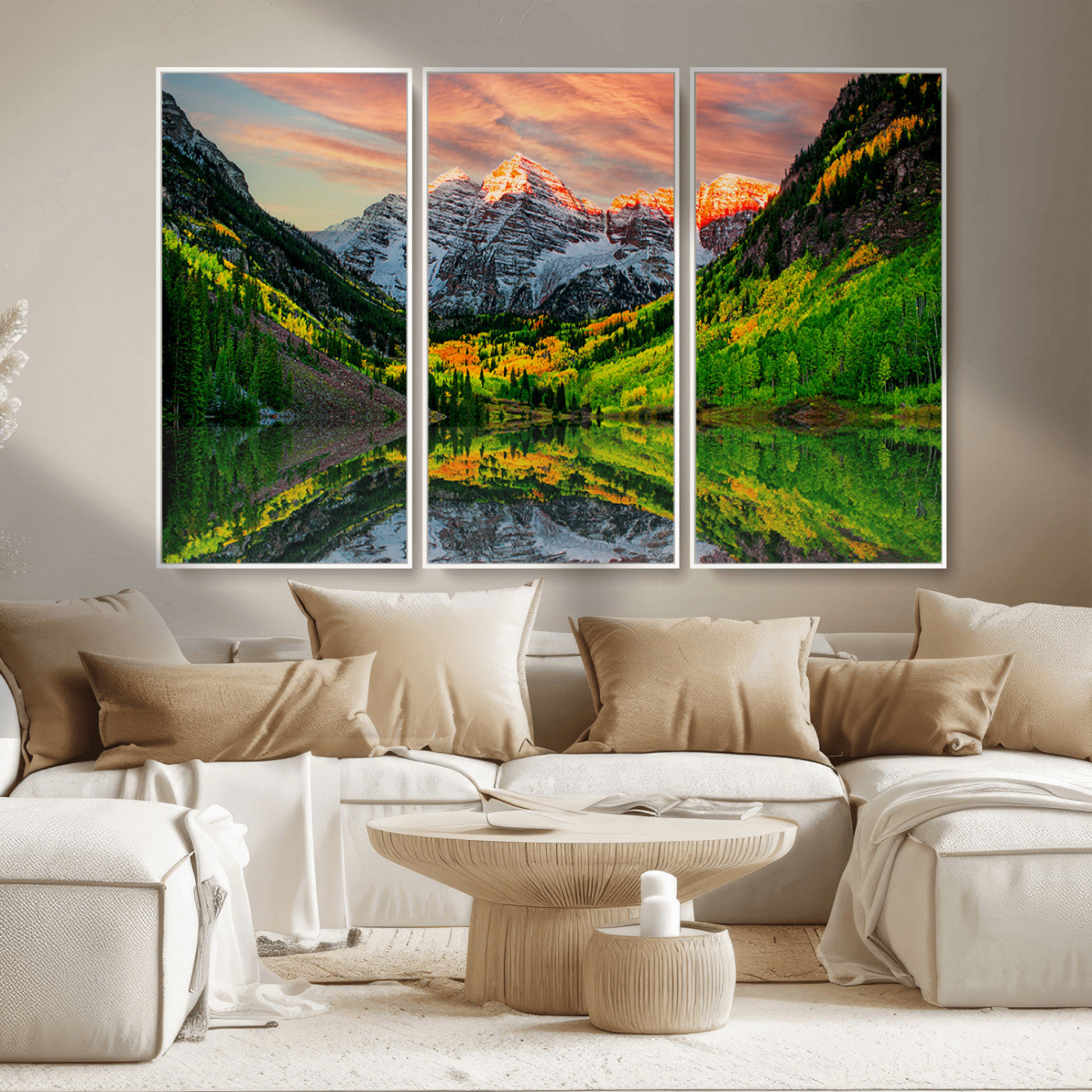 MGV-FC-48X32-3P - Maroon Bells Lake Wall Art Canvas Print – Majestic Colorado Mountain Landscape, Autumn Reflection,