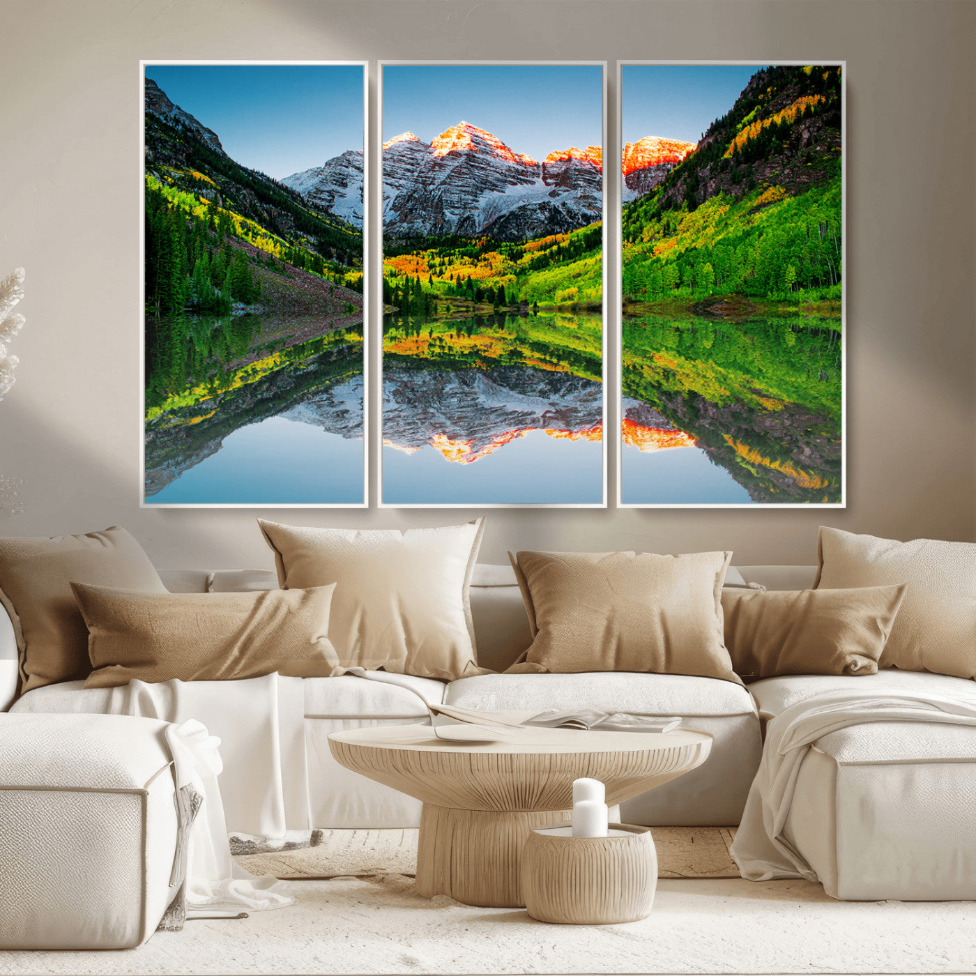 MGV-FC-48X32-3P - Maroon Bells Lake Print Wall Art – Majestic Colorado Mountain Landscape, Autumn Reflection,