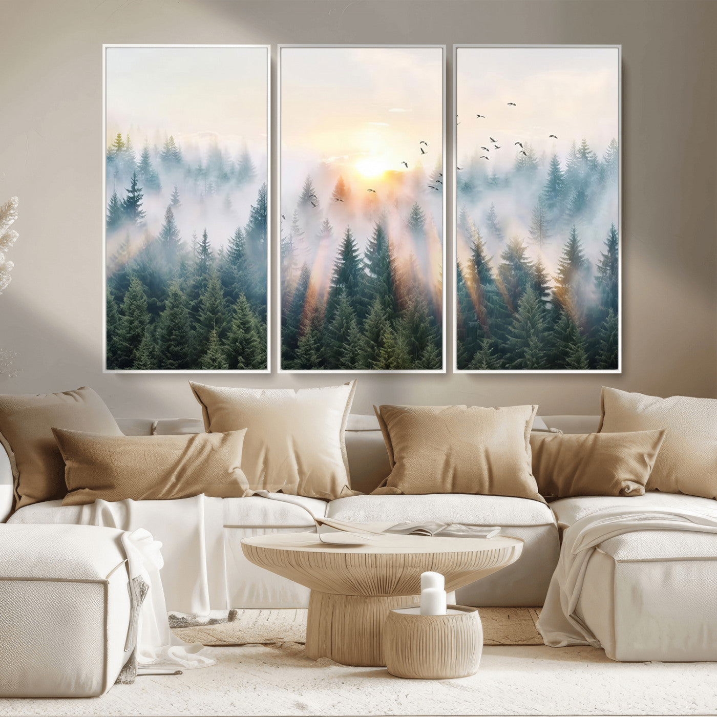 MGV-FC-48X32-3P - Misty Pine Forest Wall Art Canvas, Sunrise Over Foggy Trees Canvas for Home - Office, Framed