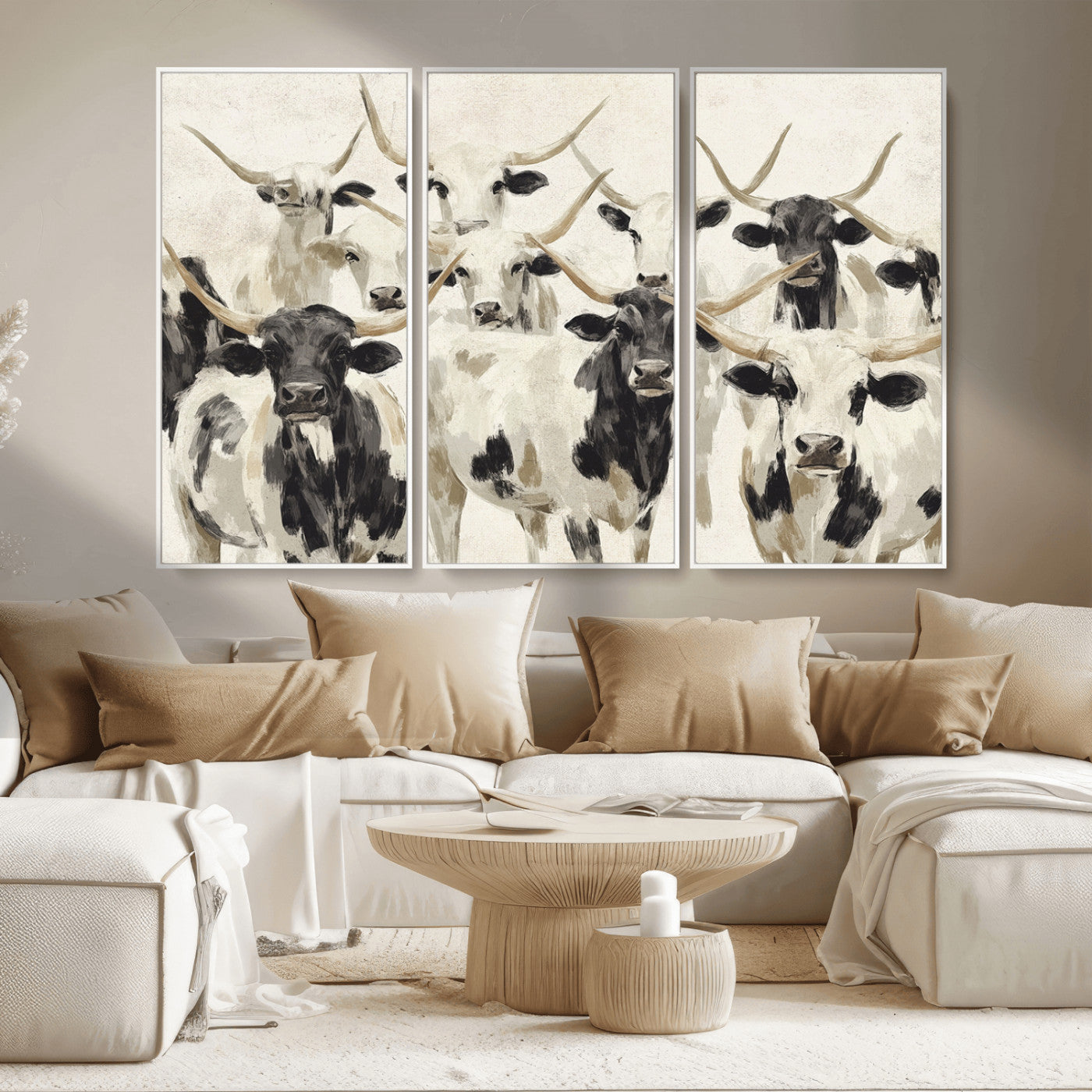 MGV-FC-48X32-3P - Longhorn Texas Cow Drawing Abstract Wall Art Canvas Print for Farmhouse Decor, Texas Bull Printing