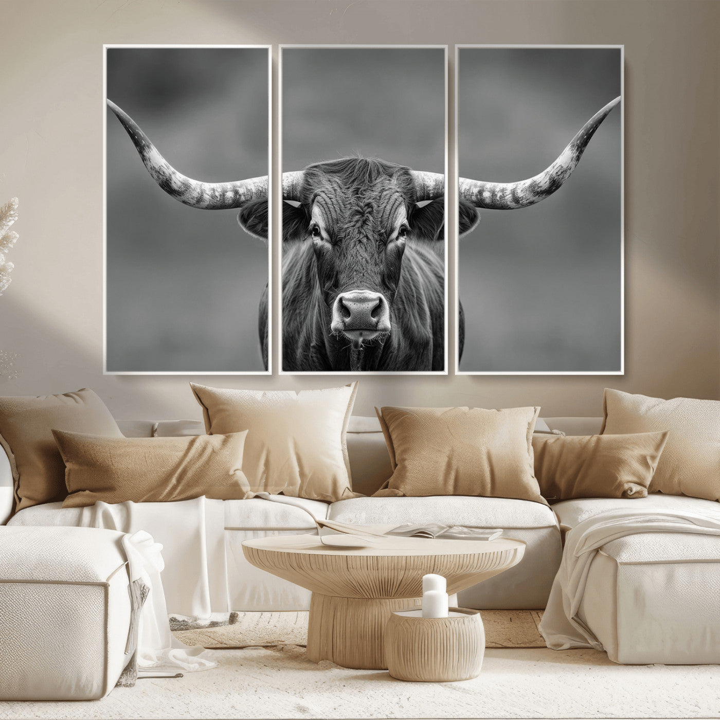 MGV-FC-48X32-3P - Framed Texas Longhorn Bull Art Canvas Print, Western Bull Wall Art Print, Long Horn Bull Photo Print