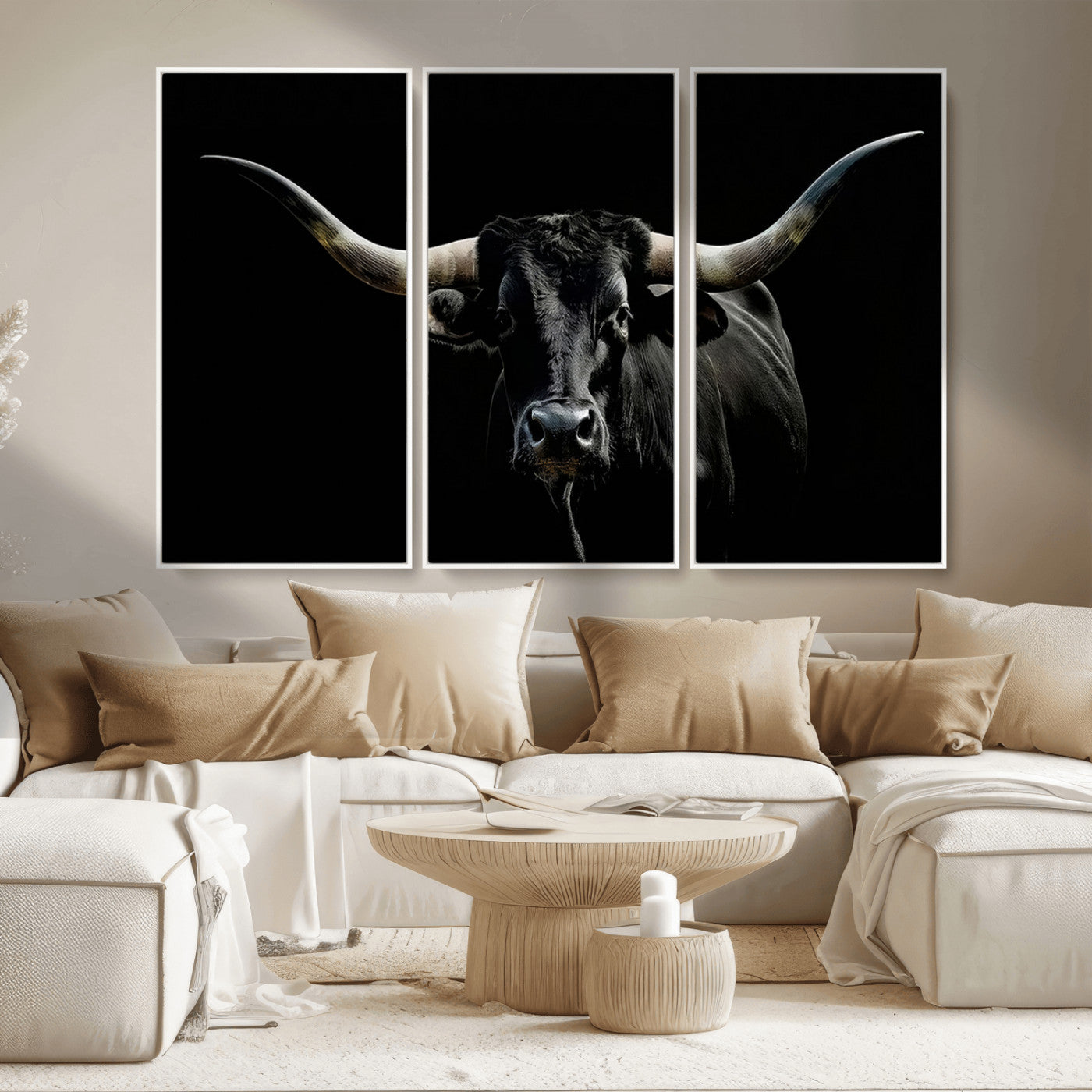 MGV-FC-48X32-3P - Texas Black Bull Wall Art Print, Longhorn Bull Canvas Wall Art