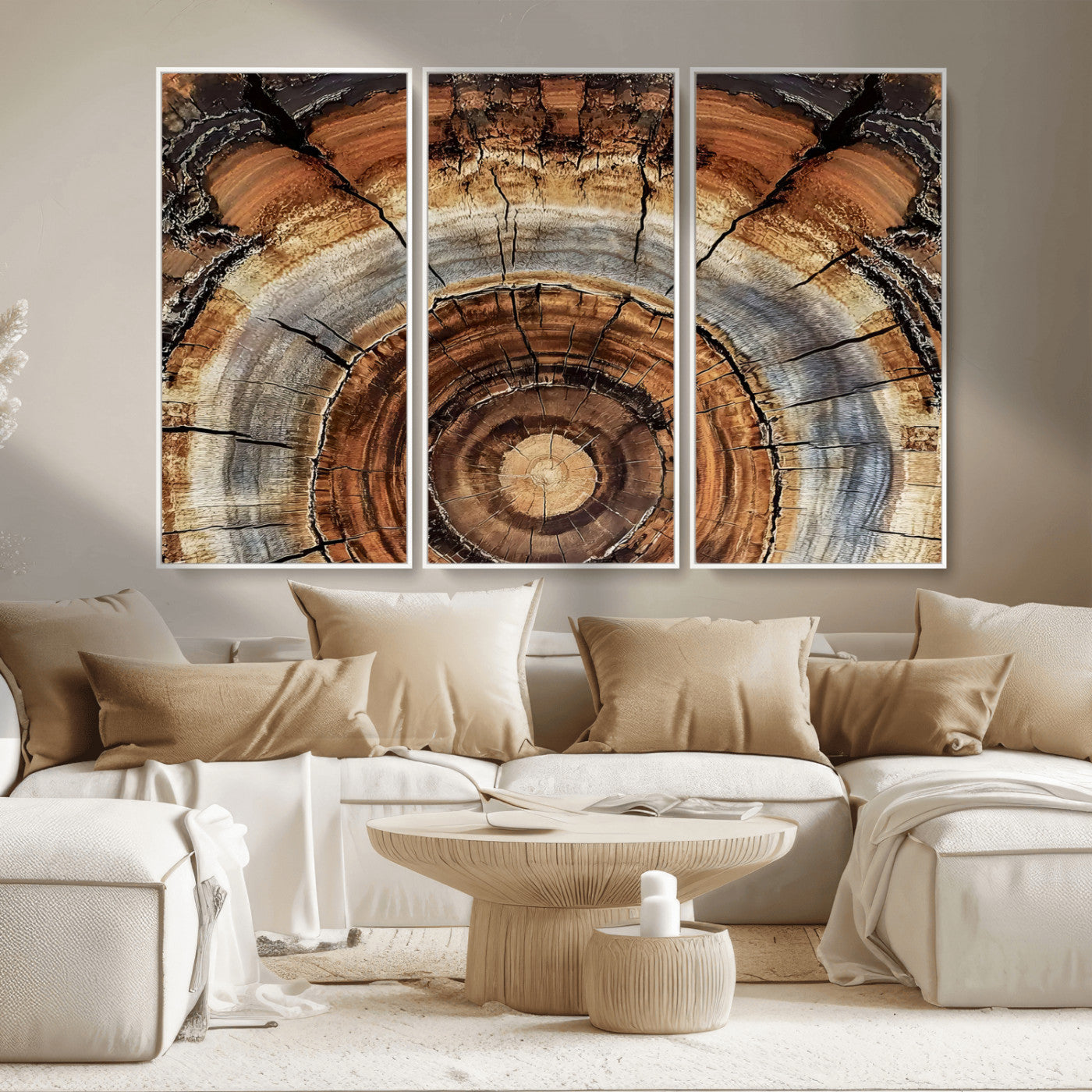 MGV-FC-48X32-3P - Tree Rings Wall Art Canvas Print, Framed Wood Texture Art Picture Print, Rustic Pattern Perfect Rustic Organic Decor Artwork
