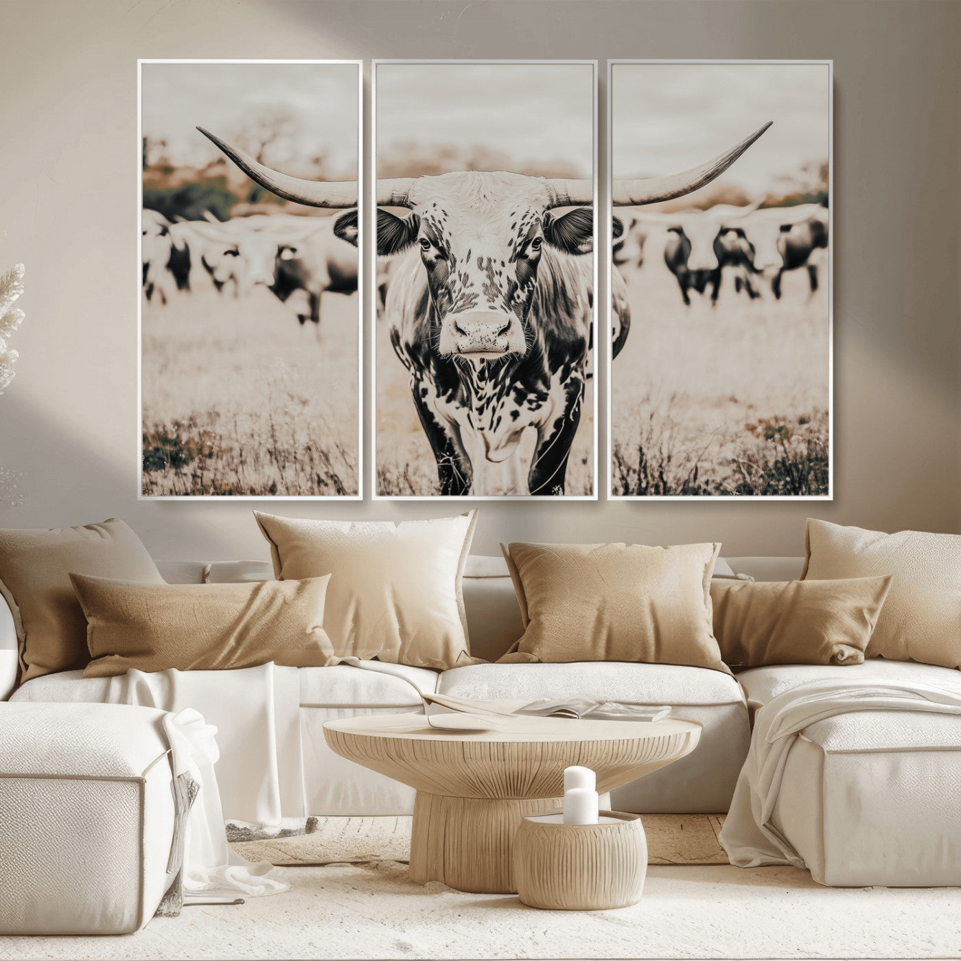 MGV-FC-48X32-3P - Texas Longhorn Wall Art Canvas Print, Framed Speckled Cow Art Picture Print, Horned Cattle Perfect Rustic Western Decor Artwork
