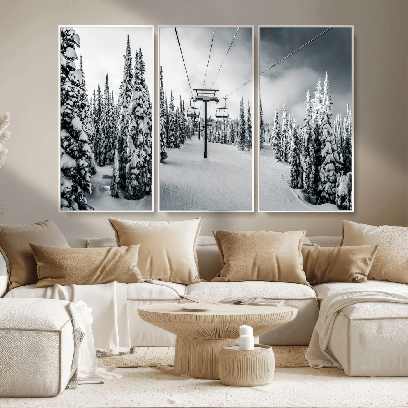 MGV-FC-48X32-3P - Snowy Pines Wall Art Canvas Print, Framed Ski Lift Art Picture Print, Winter Forest Perfect Moody Lodge Decor Artwork