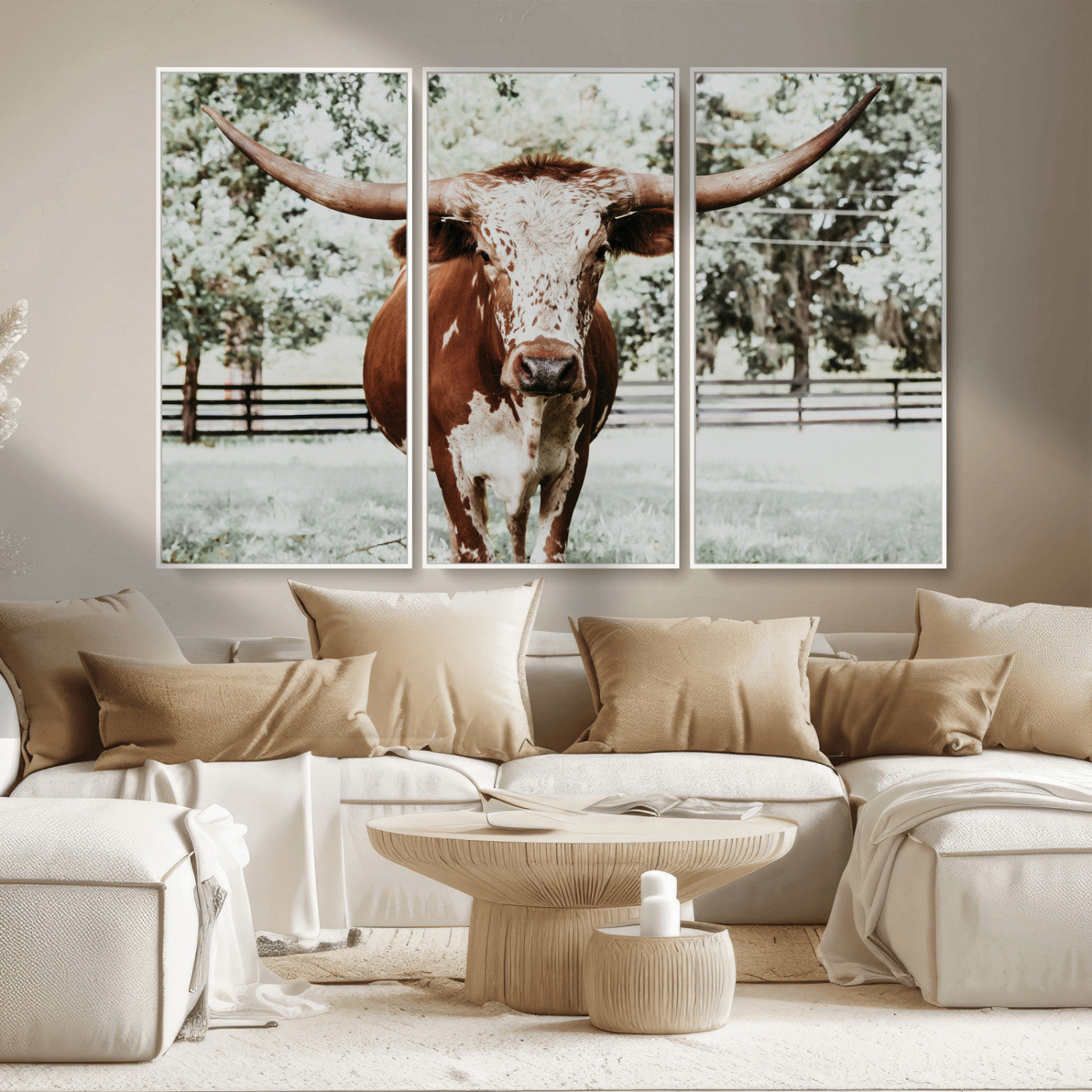 MGV-FC-48X32-3P - Texas Longhorn Wall Art Canvas Print, Framed Spotted Cow Art Picture Print, Horned Cattle Perfect Rustic Western Decor Artwork